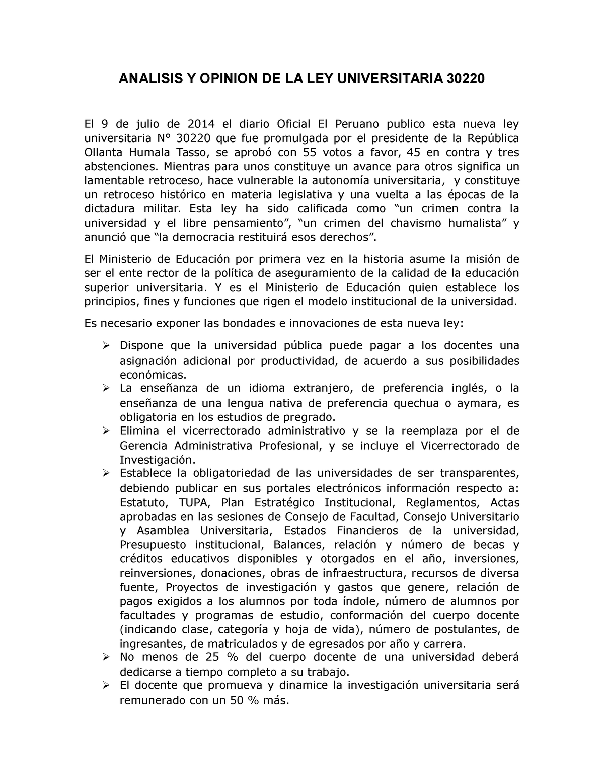 Analisis Y Opinion De La Ley Universitaria Analisis Y Opinion De La Ley Universitaria 30220 El 6627