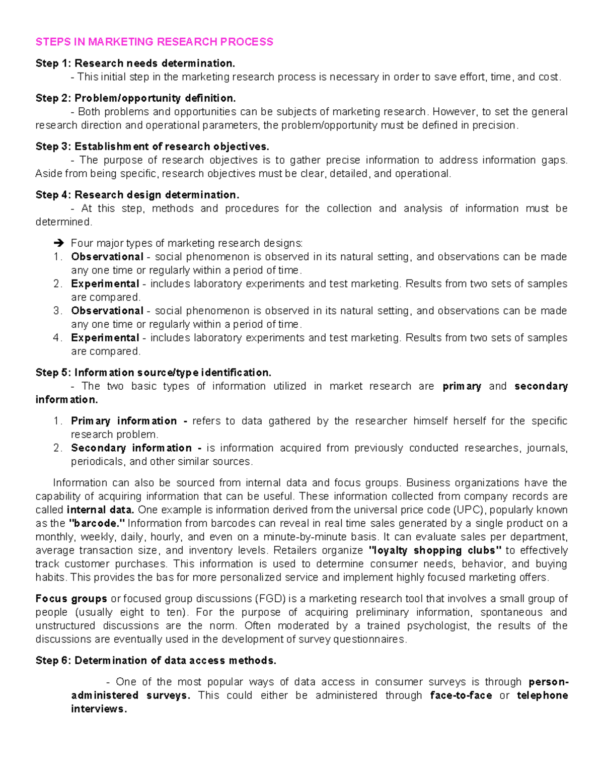 Chapter III Marketing REVP2 - STEPS IN MARKETING RESEARCH PROCESS Step ...