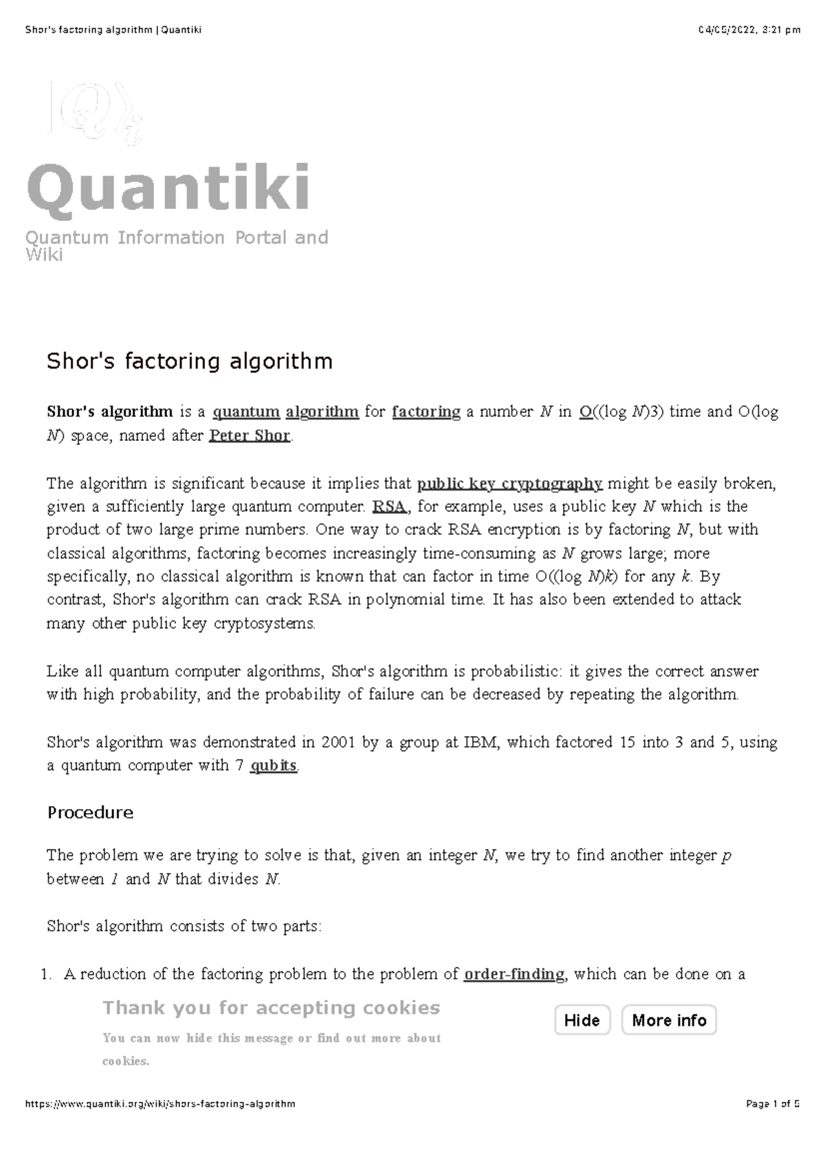 Shor's factoring algorithm Quantiki - Quantiki Quantum Information ...
