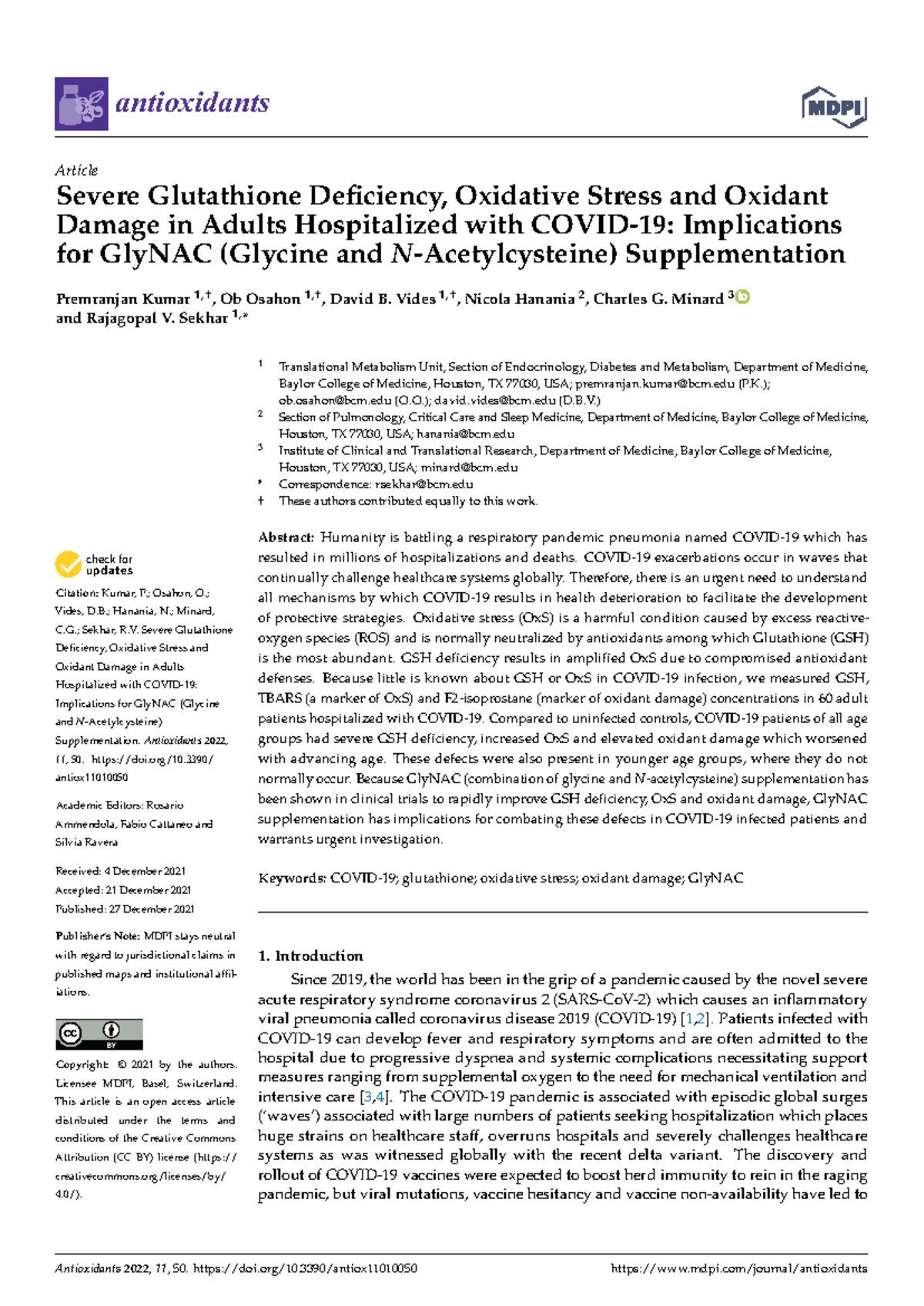 Severe Glutathione Deficiency, Oxidative Stress and Oxidant Damage in ...