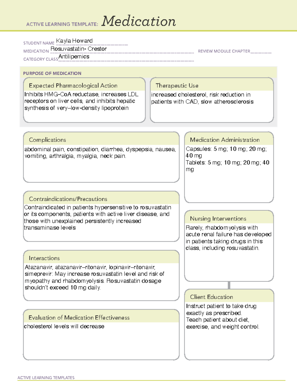 Crestor - med sheets - ACTIVE LEARNING TEMPLATES Medication STUDENT ...