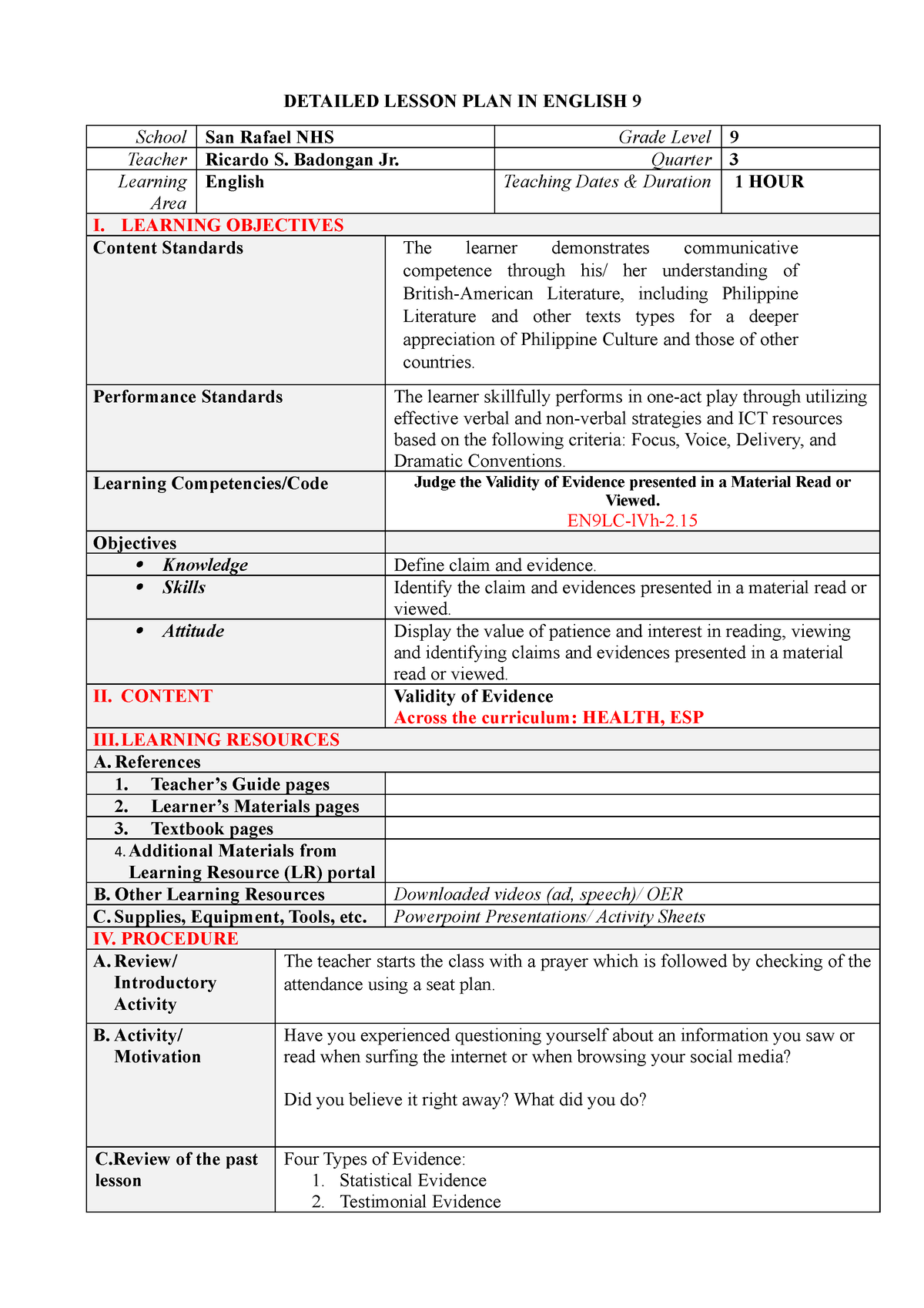 DLP-COT Q1 Eng7 Module 1 - DETAILED LESSON PLAN IN ENGLISH 9 School San ...