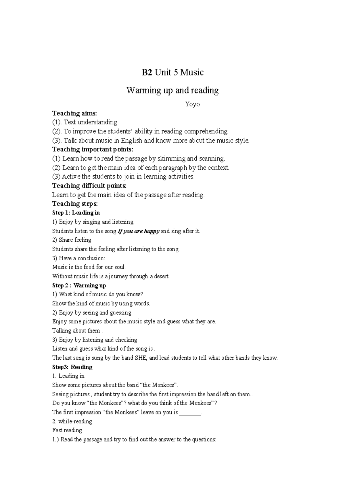 Unit5 music - B2 Unit 5 Music Warming up and reading Yoyo Teaching aims ...