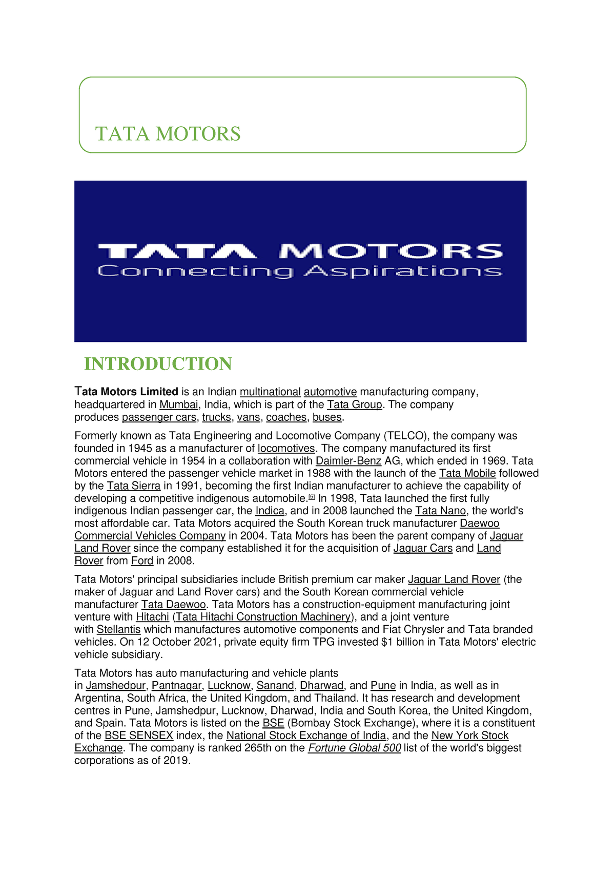 assignment on tata motors