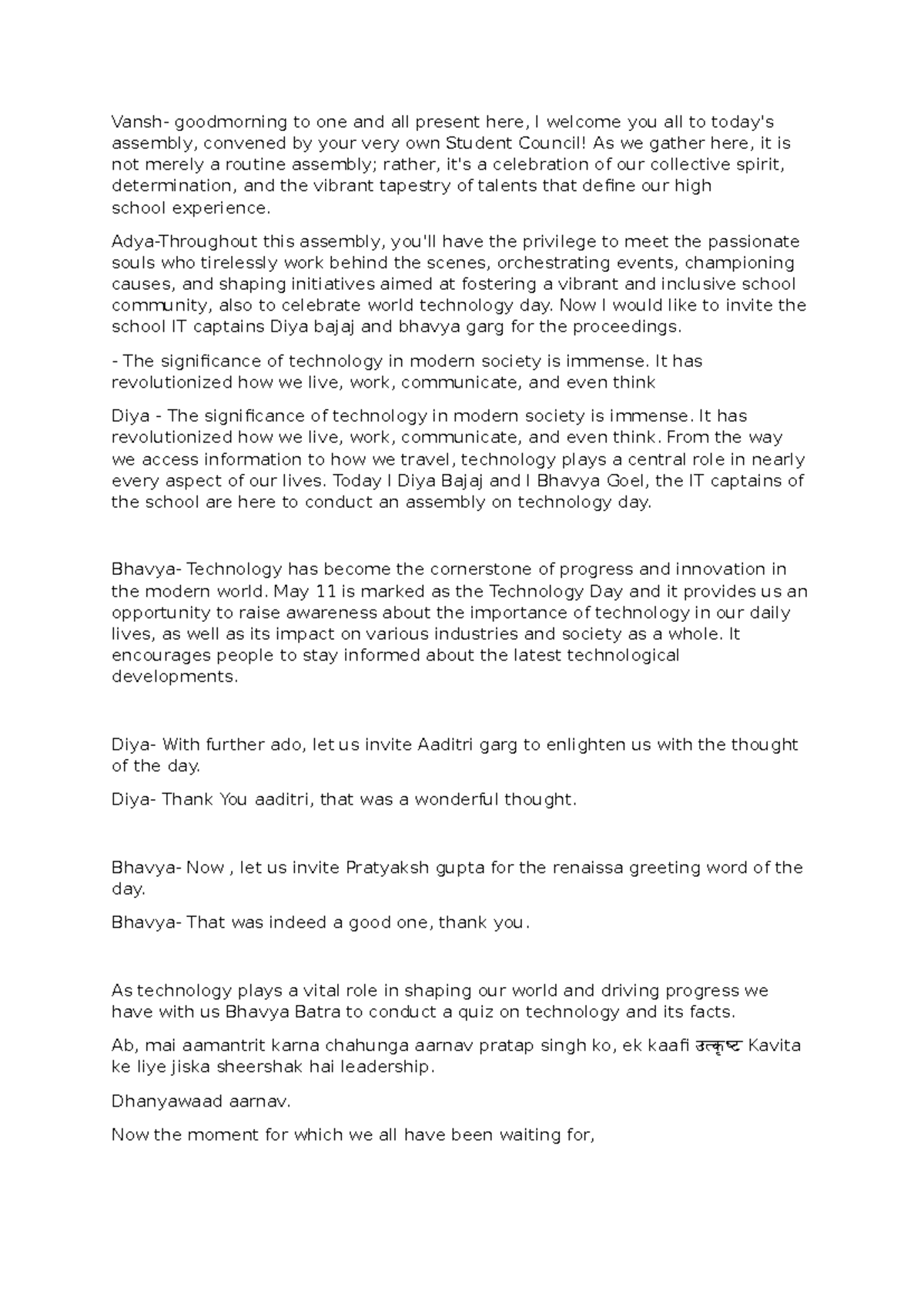 Assembly script printout mai le aunga - Vansh- goodmorning to one and ...