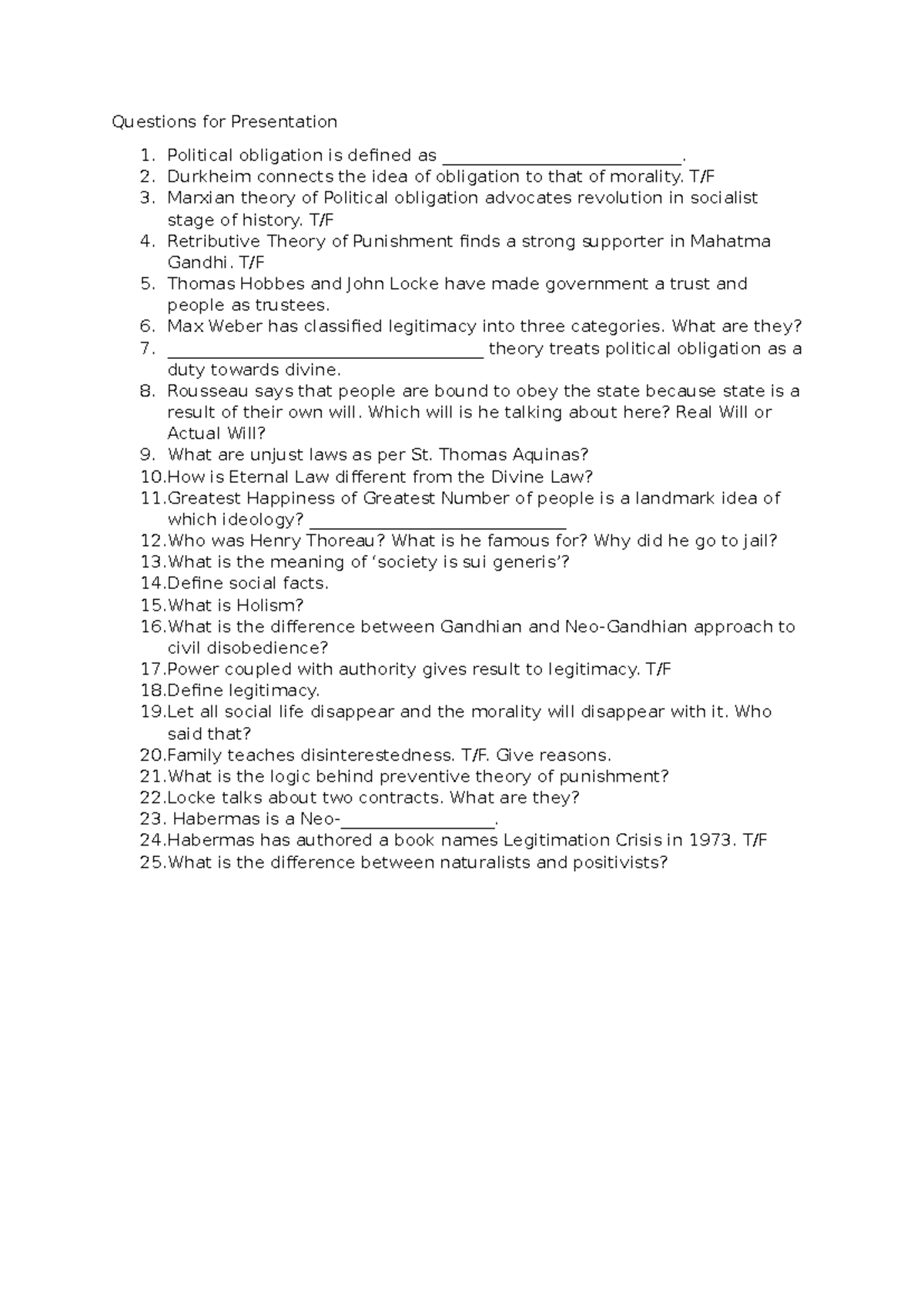 Presentation Questions - Questions for Presentation 1. Political ...