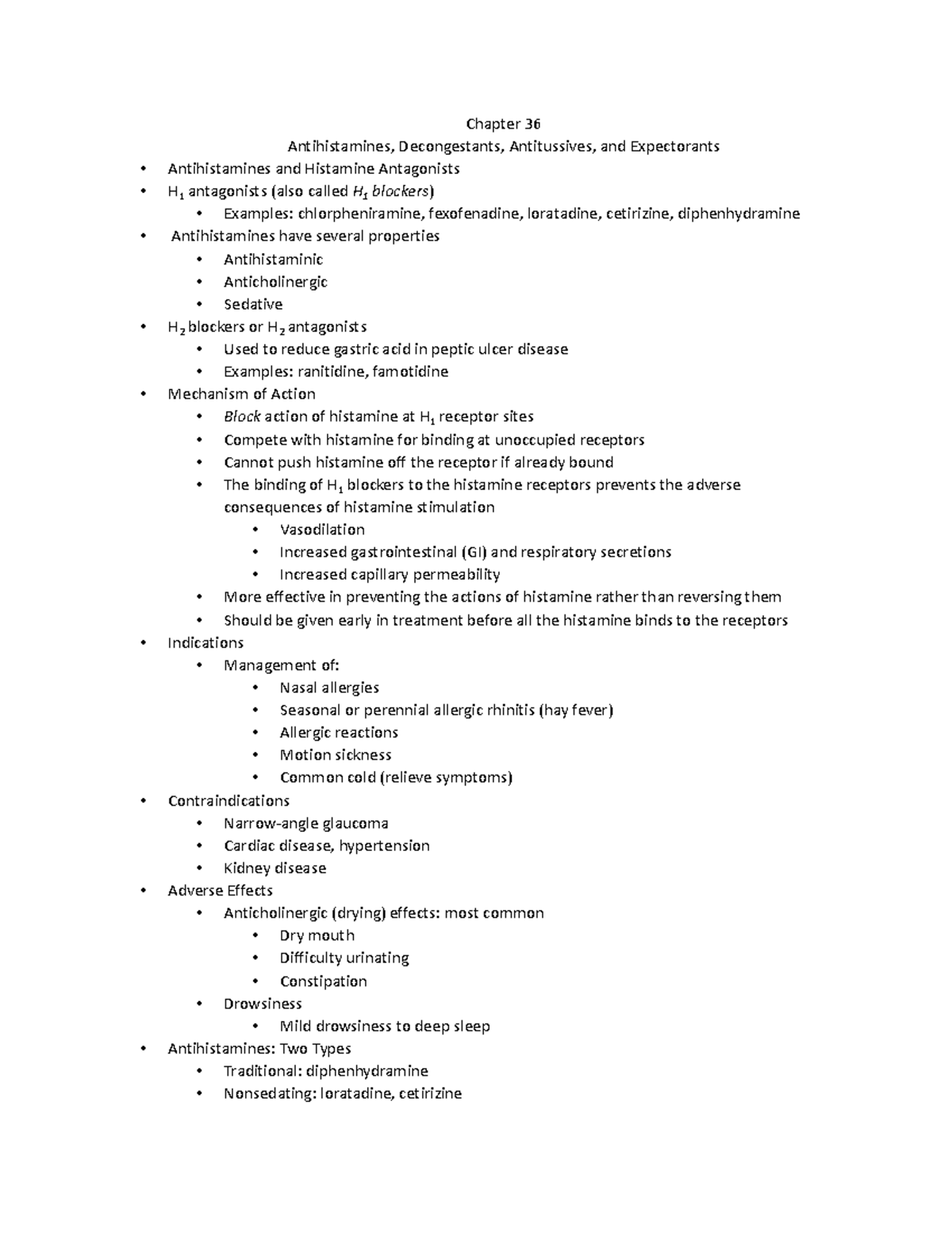 Chapter 36 Antihistamines, Expectorants, Antitussives Handout - Chapter ...