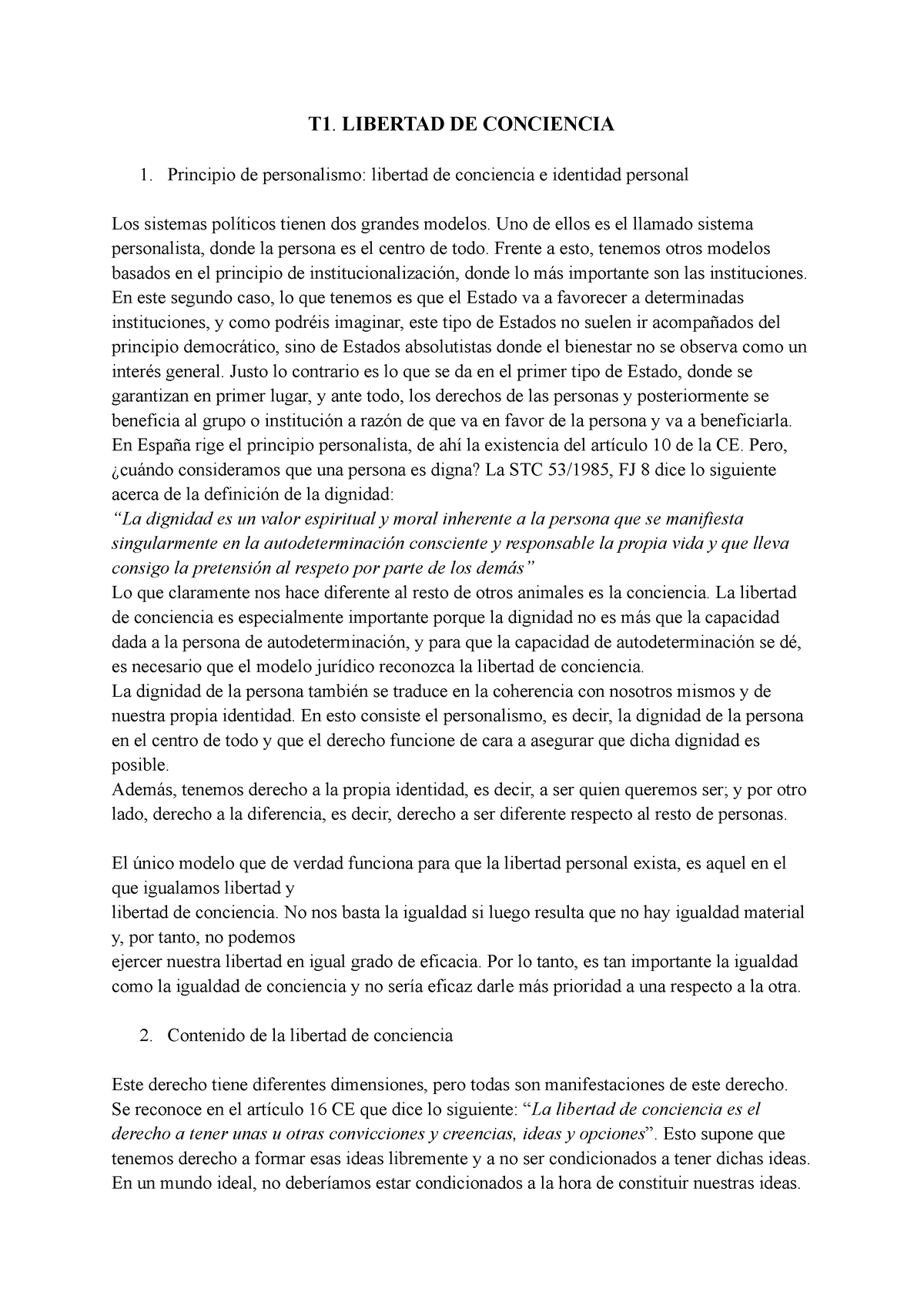 Apuntes Completos - T1. LIBERTAD DE CONCIENCIA Principio De ...