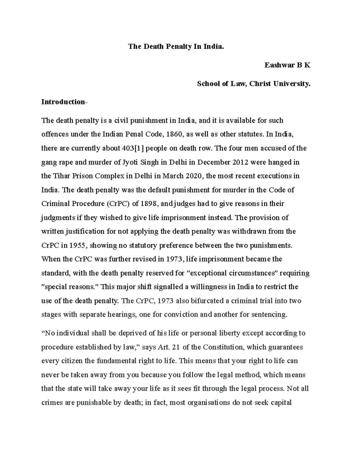 Shabnam Ali - Articles - The Death Penalty In India. Eashwar B K School ...