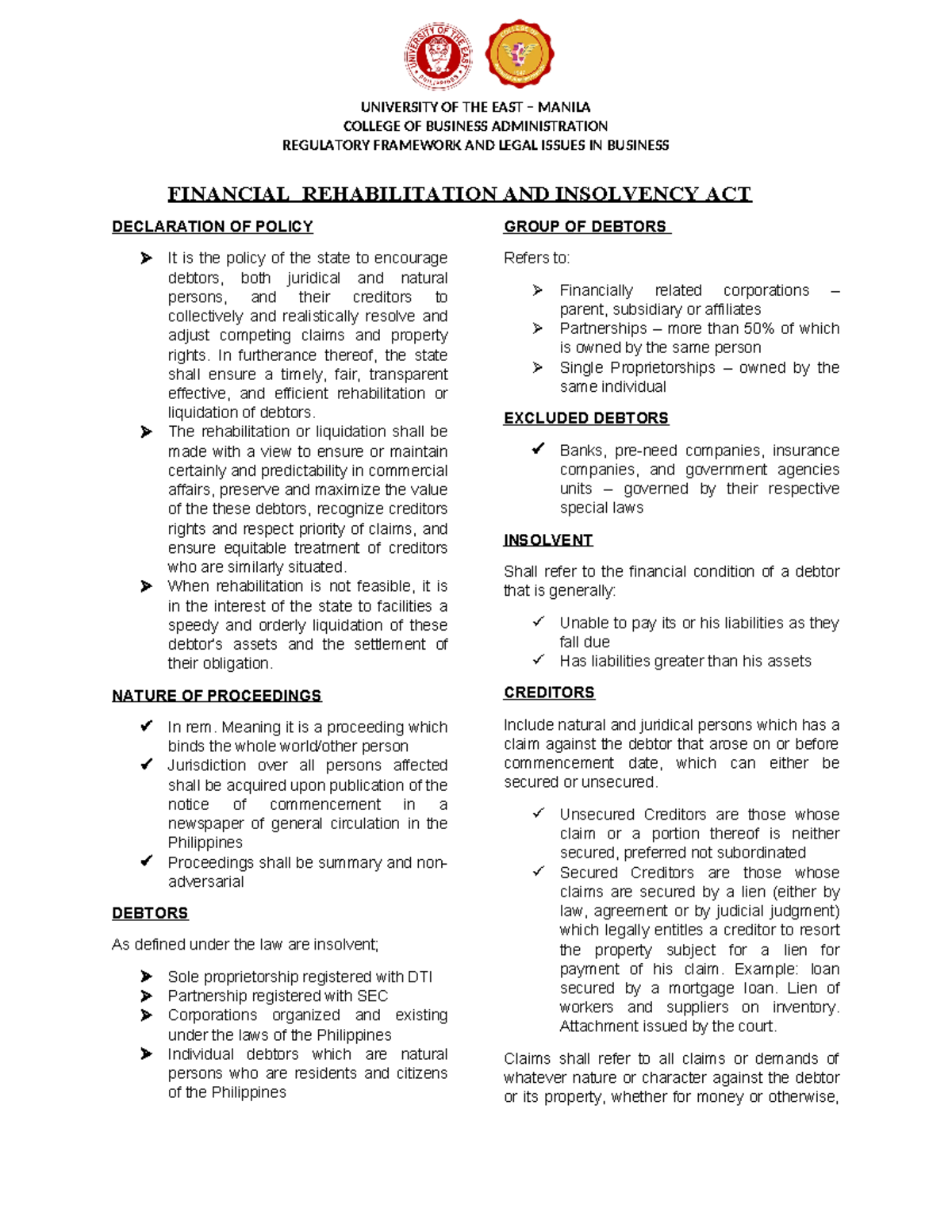 FRIA - NOTES / SUMMARY ON FRIA - COLLEGE OF BUSINESS ADMINISTRATION ...