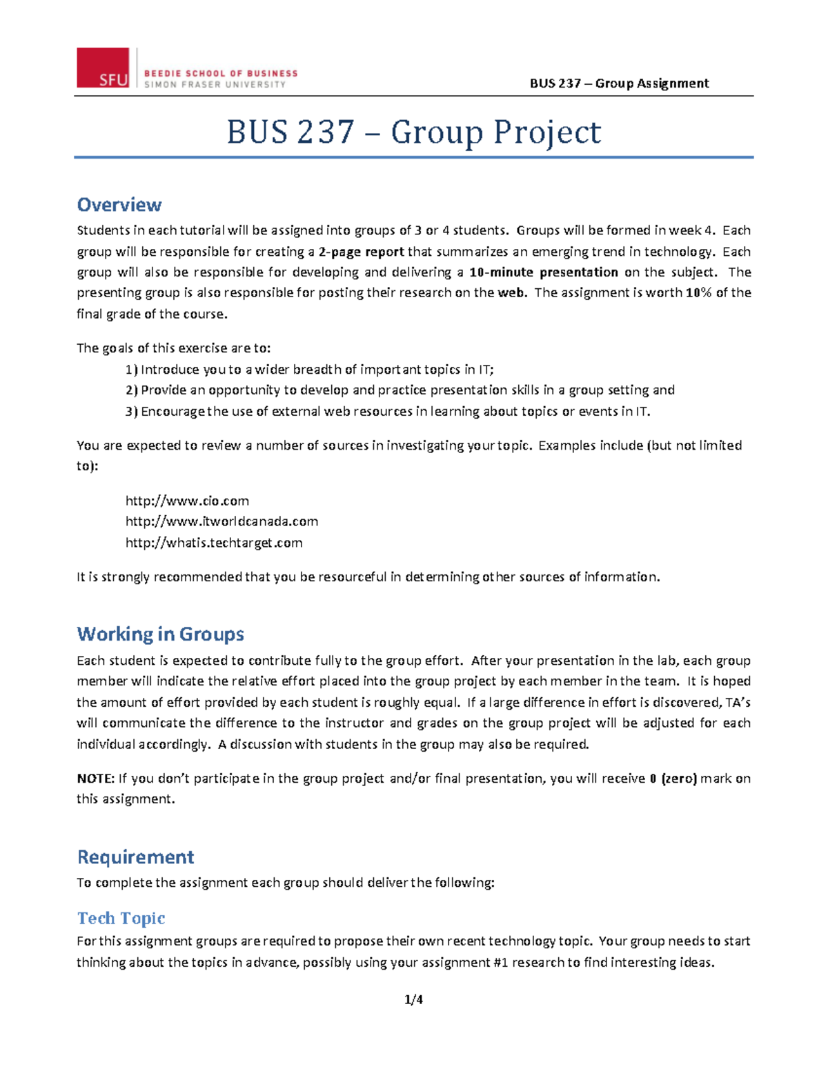 Group Ass-Instructions - BUS 237 – Group Project Overview Students in ...