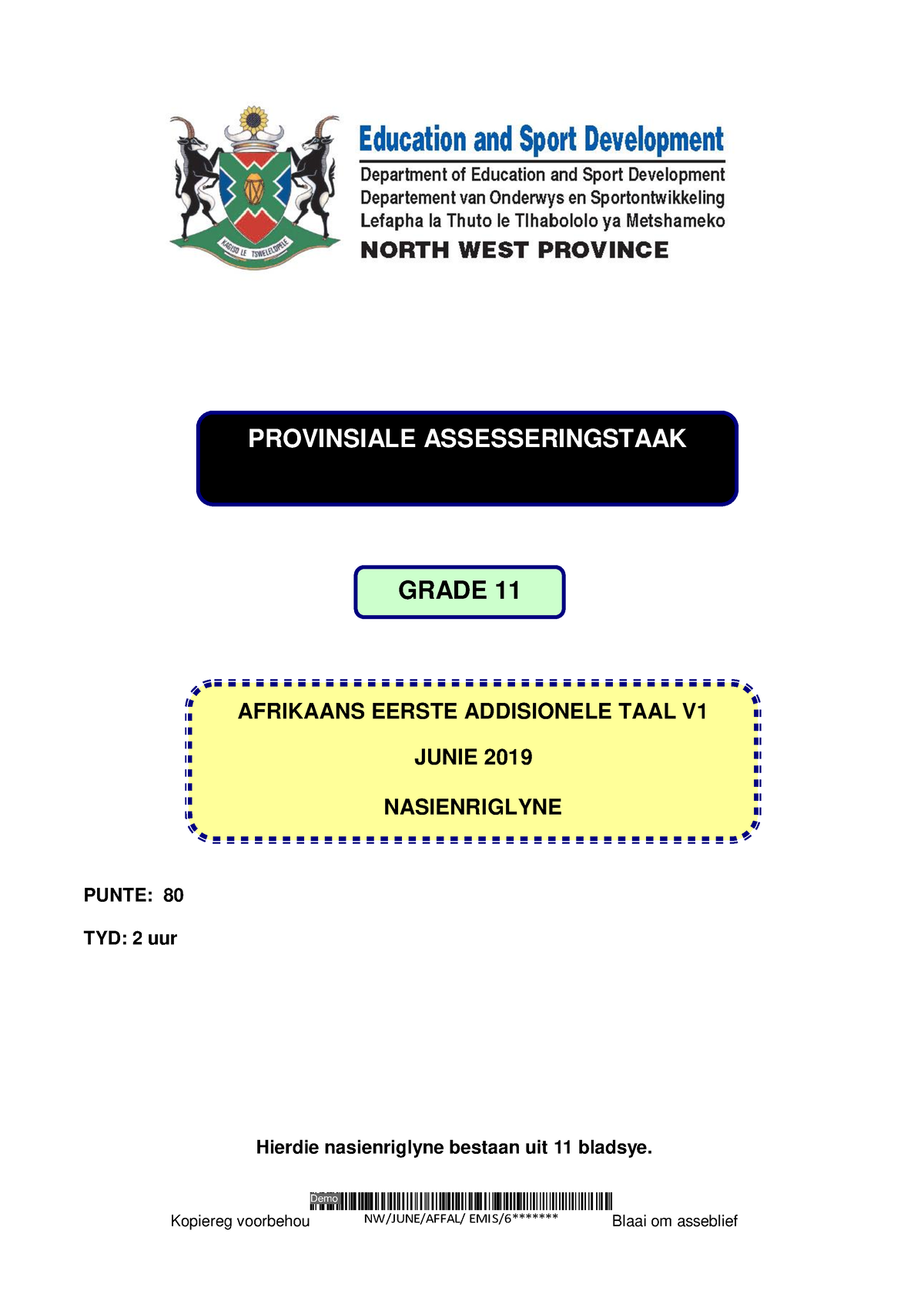 Afrikaans GR 11 FAL MEMO V1 Demo NW JUNE AFFAL EMIS 6 Blaai Om