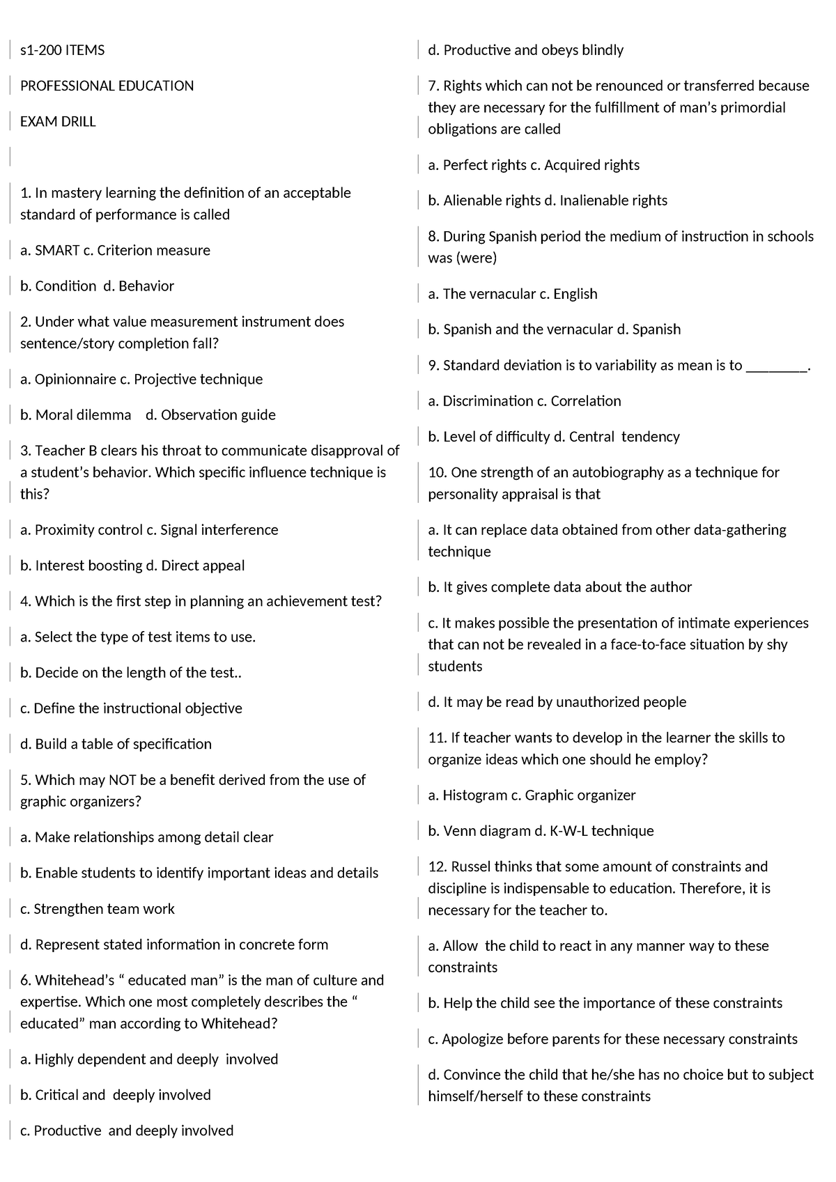 1 200 Items PROF ED EXAM Drill - s1-200 ITEMS PROFESSIONAL EDUCATION ...