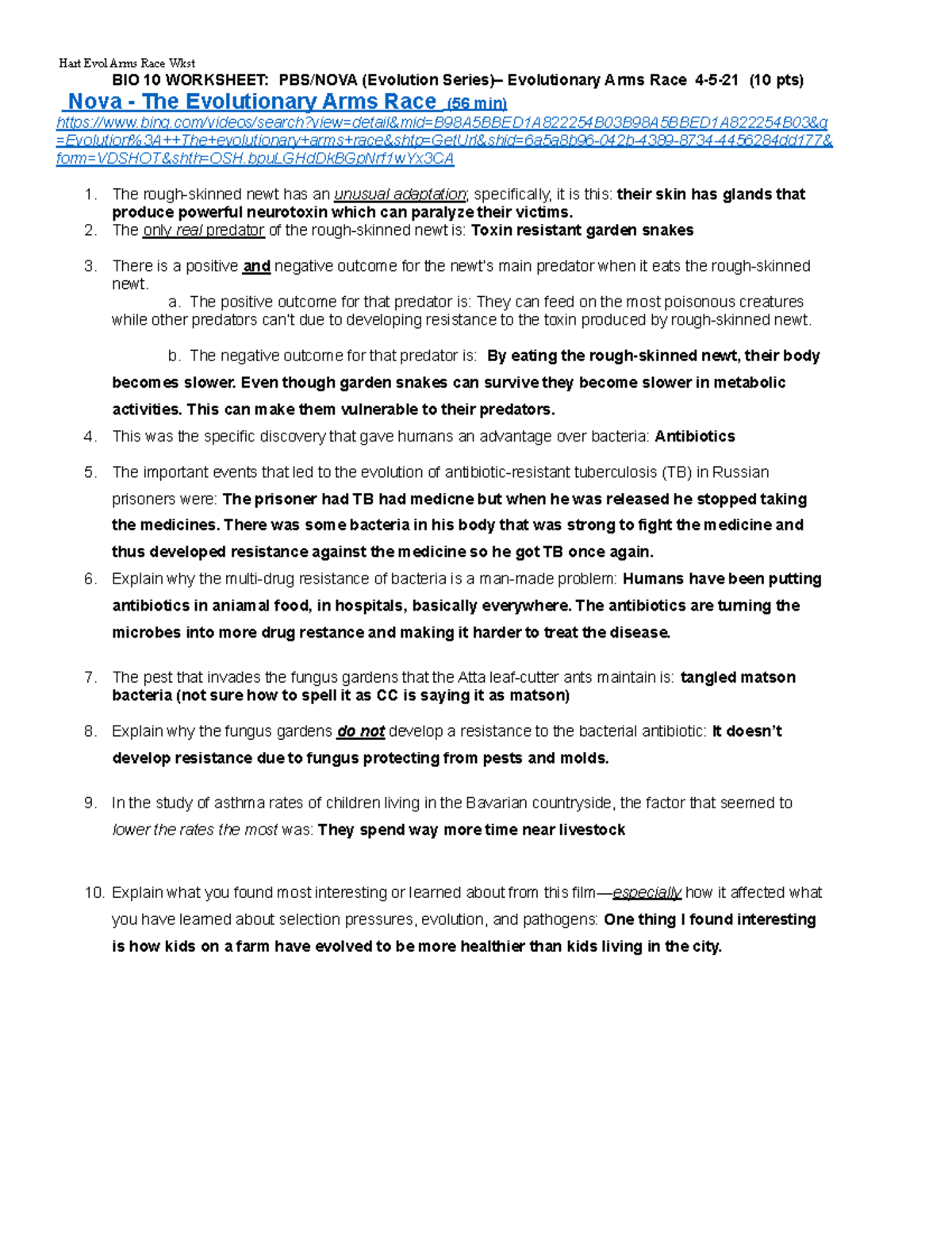 Hart Evolutionary Arms Race Hart Evol Arms Race Wkst BIO 10 WORKSHEET