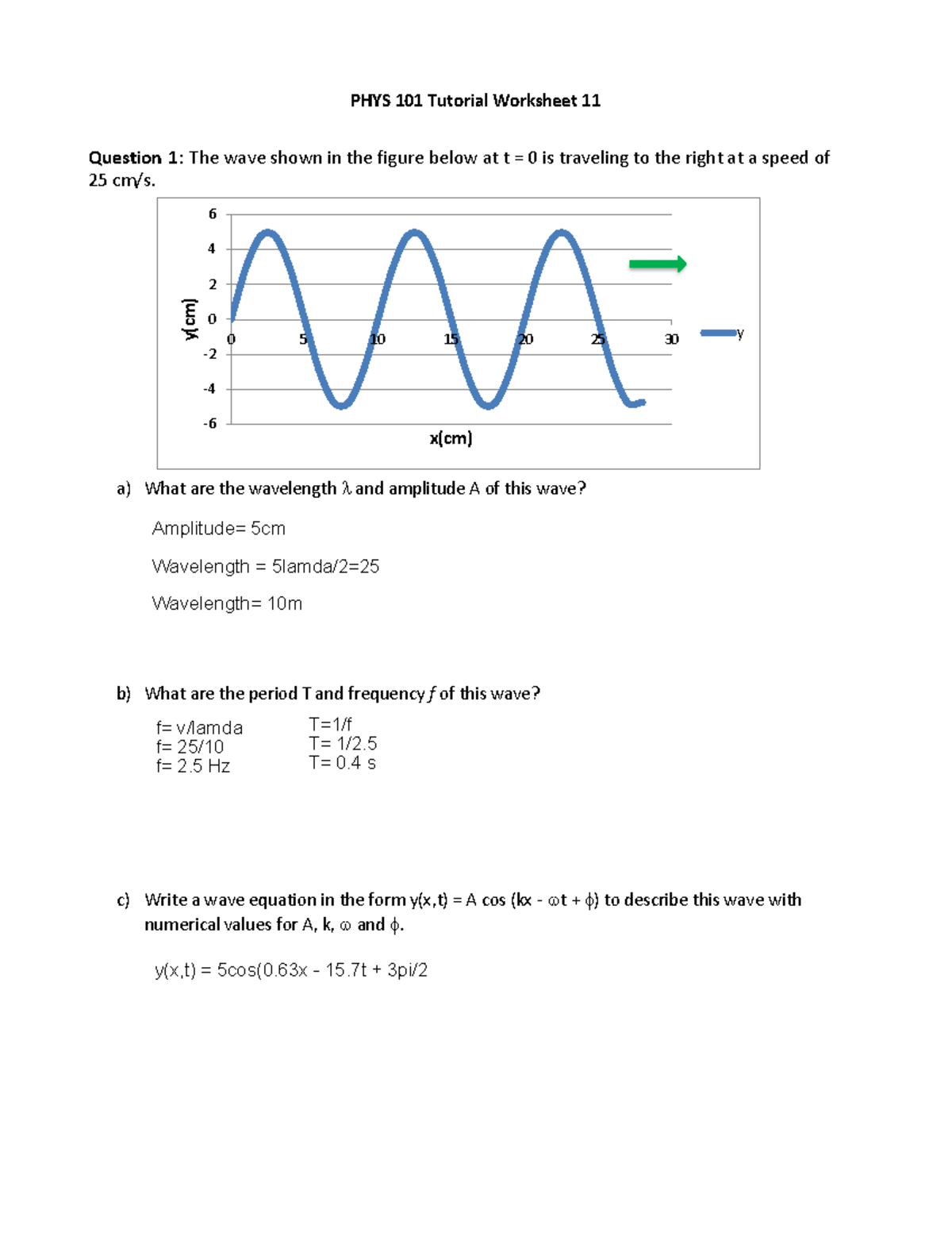 Tutorial 10-1 - PHYS 101 Tutorial Worksheet 11 Question 1: The wave ...