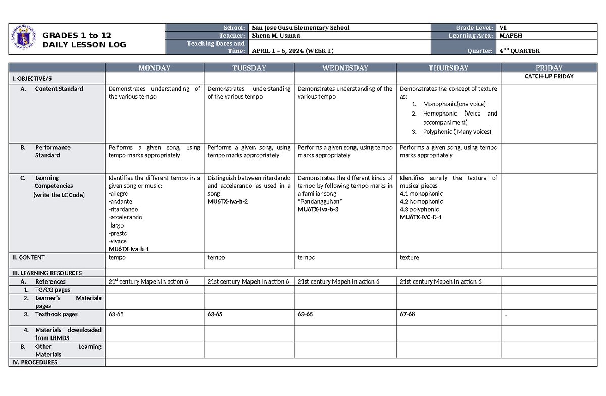 DLL Mapeh 6 Q4 W1 - GRADES 1 to 12 DAILY LESSON LOG School: San Jose ...