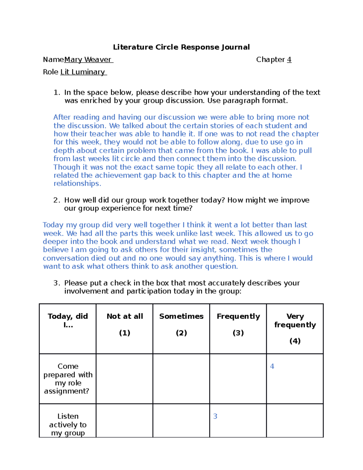 Lit Circle Reflection week 2 Literature Circle Response Journal