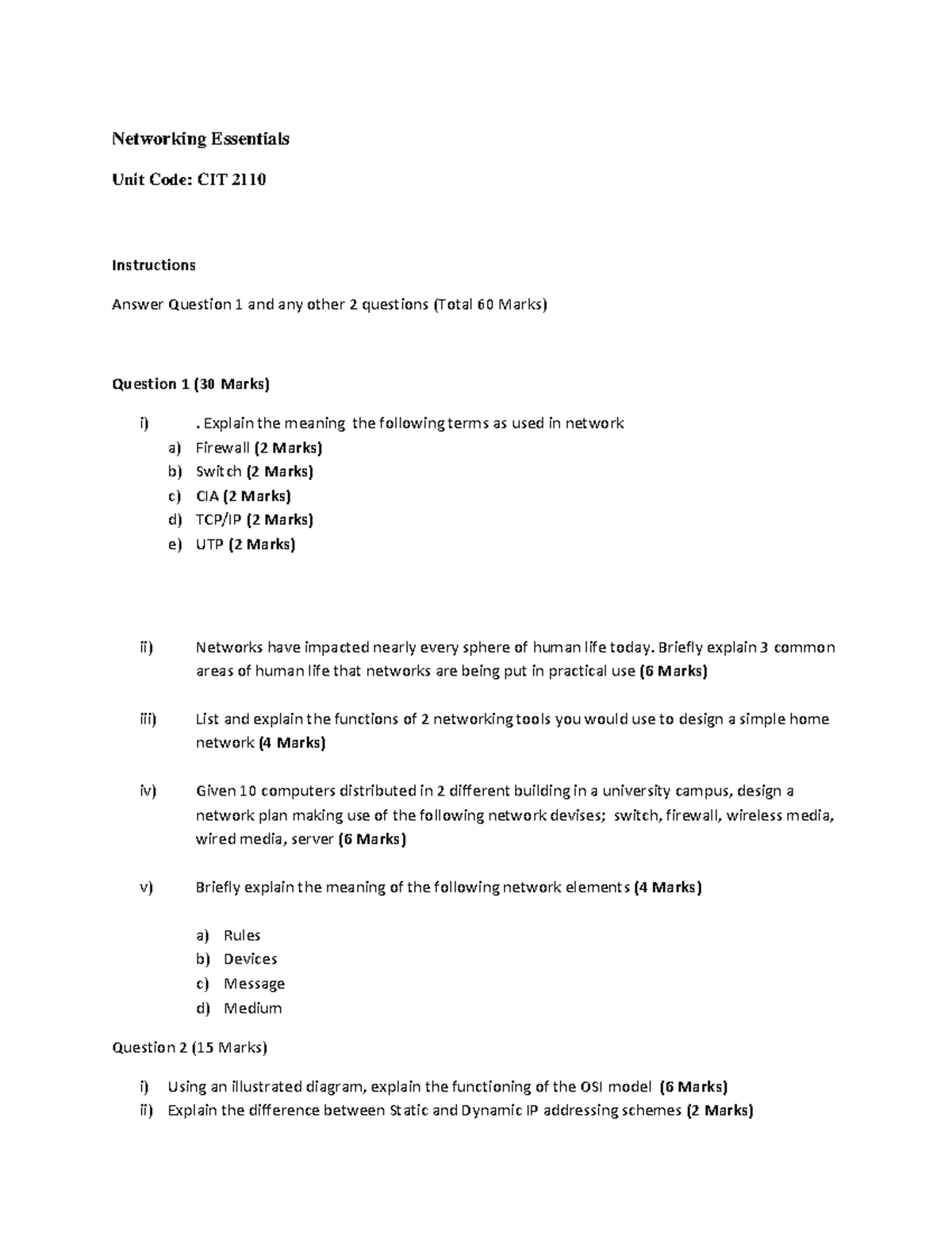 CIT 2110 Network Essentials Networking Essentials Unit Code CIT 2110
