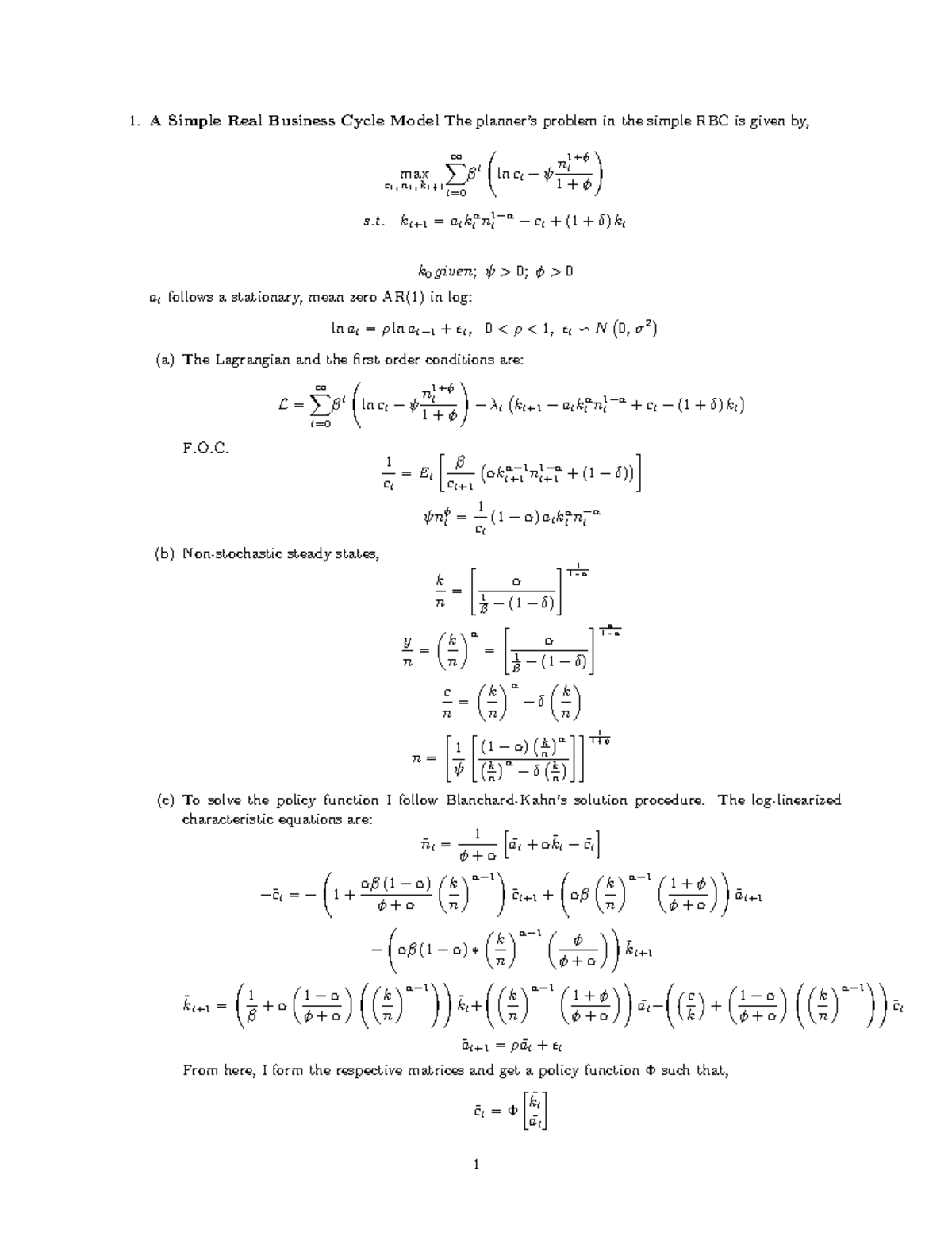 PS3 solve - Cliclos - A Simple Real Business Cycle Model The planner’s ...