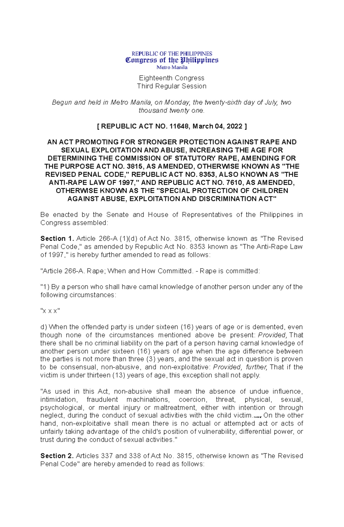 Republic Act 11648 Statutory Rape Eighteenth Congress Third Regular