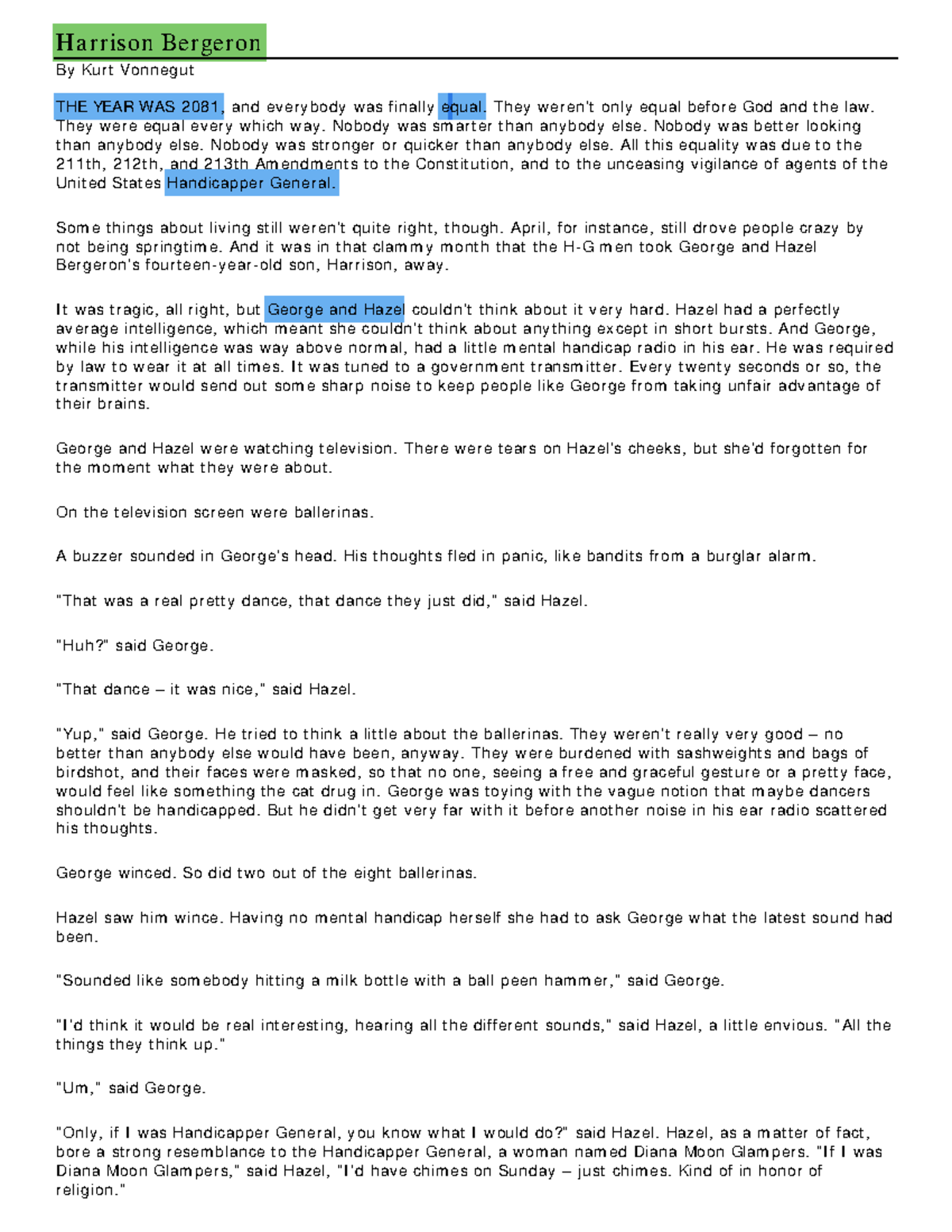 Harrison Bergeron (Vonnegut) Full Text Harrison Bergeron By Kurt