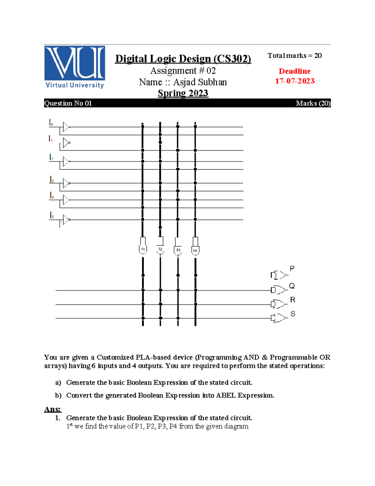 Spring 2023 CS302 - Digital Logic Design (CS302) Assignment # 02 Name ...