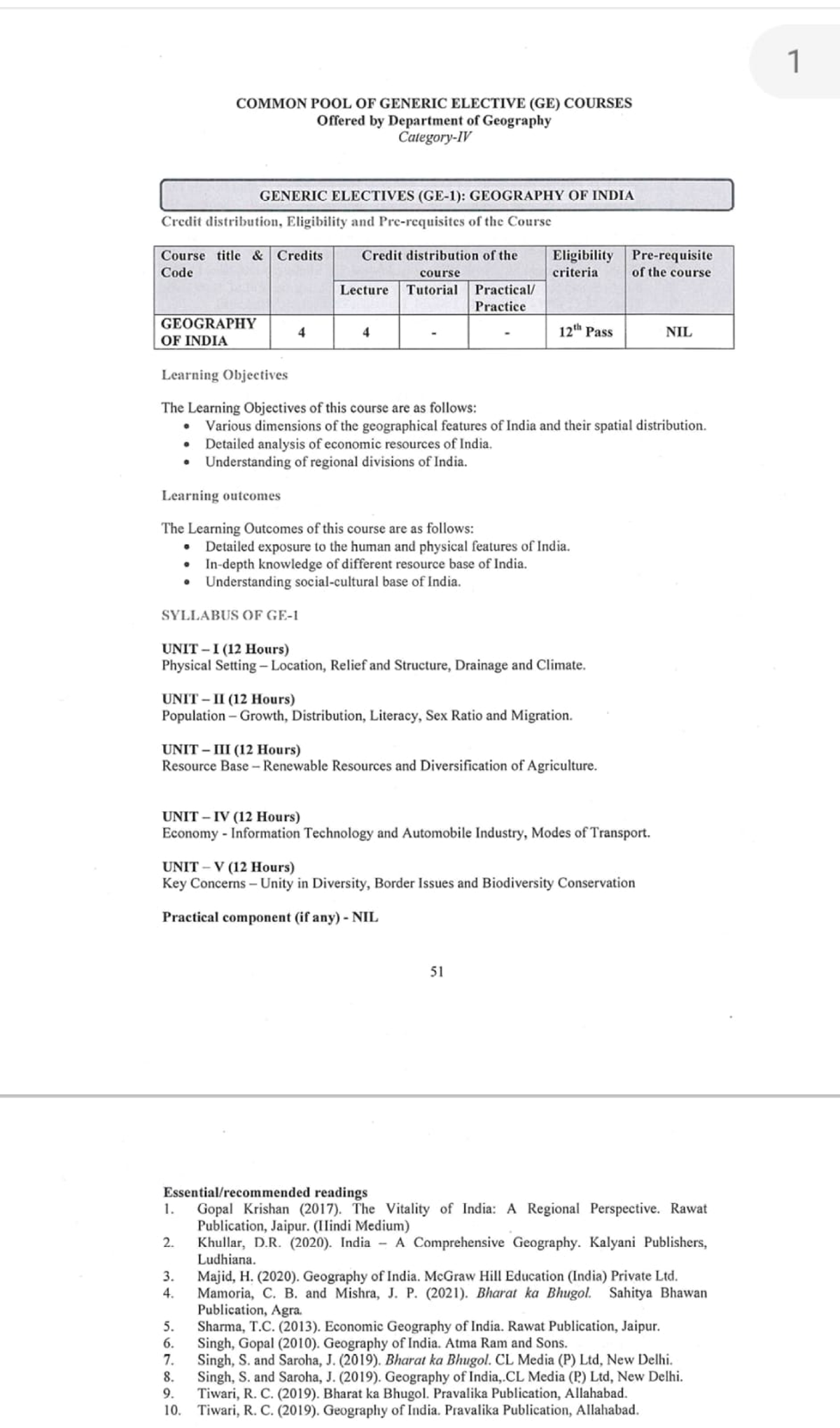 Syllabus - 1 COMMON POOL OF GENERIC ELECTIVE (GE) COURSES Offered ...