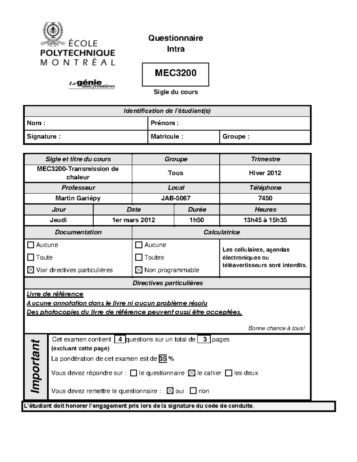 Examen 2012, questions - Questionnaire Intra MEC Sigle du cours ...