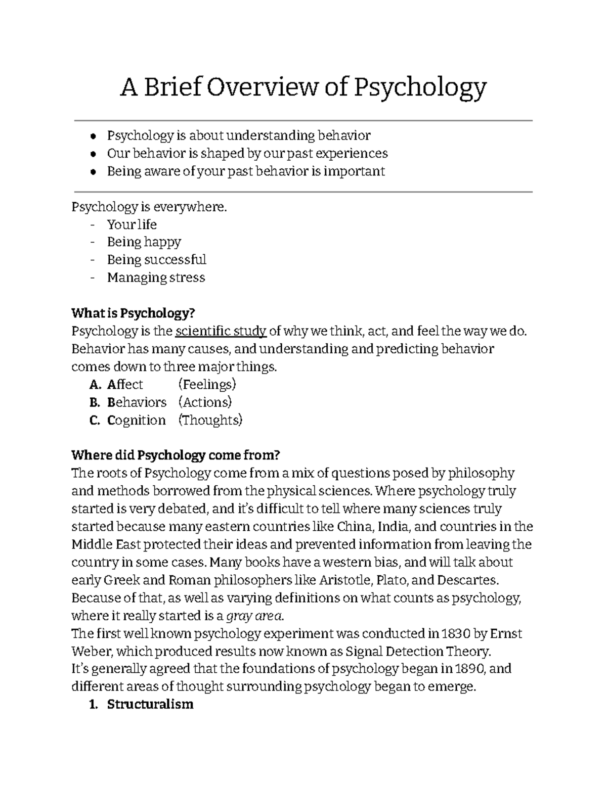 Psych 201, Ch 1-2 - A Brief Overview Of Psychology Psychology Is About ...