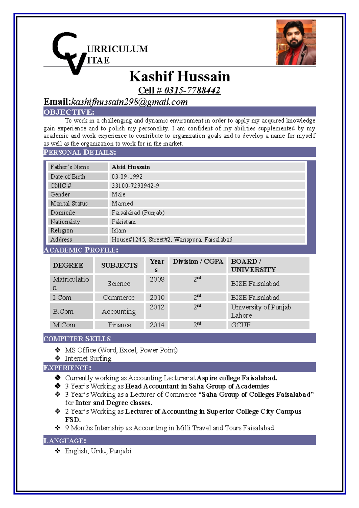 Kashif Hussain CV 2021 - URRICULUM ITAE Kashif Hussain Cell # 0315 ...