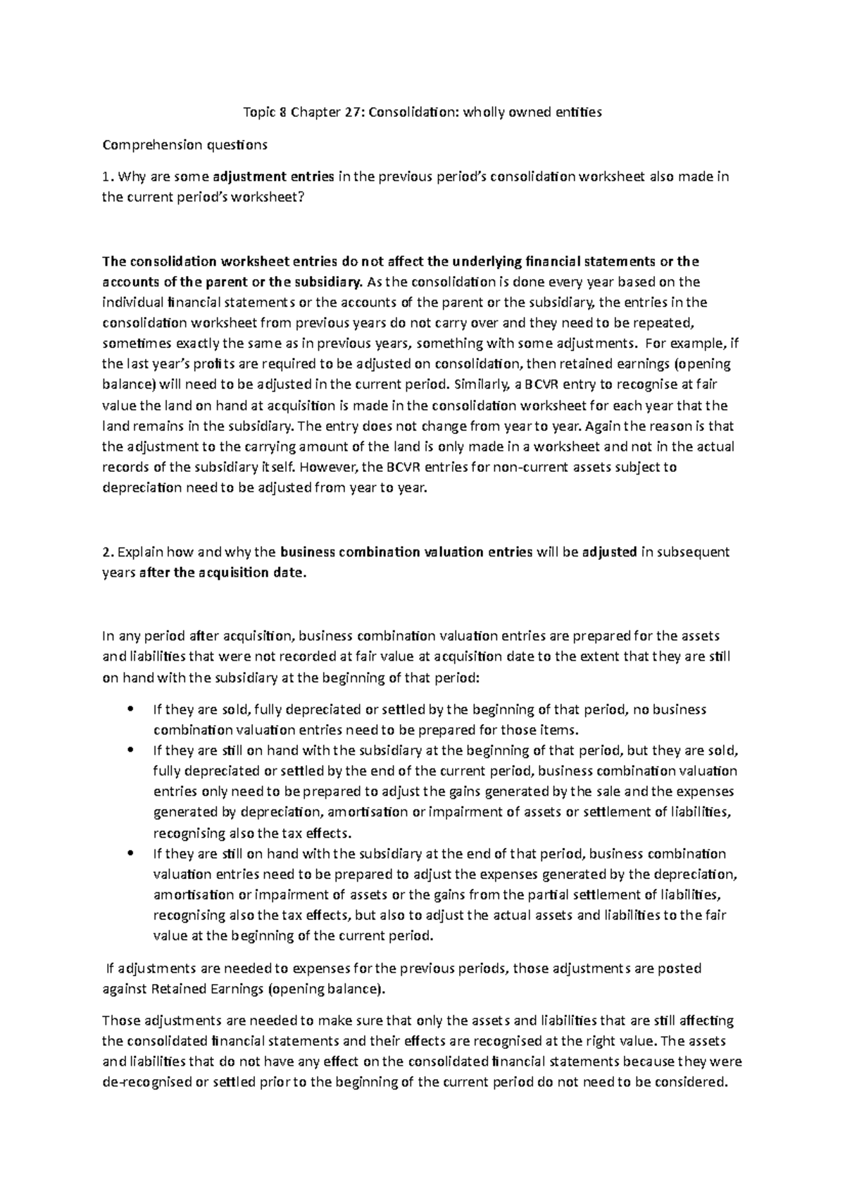 W8-Topic 8-Answer - Topic 8 Chapter 27: Consolidation: wholly owned ...