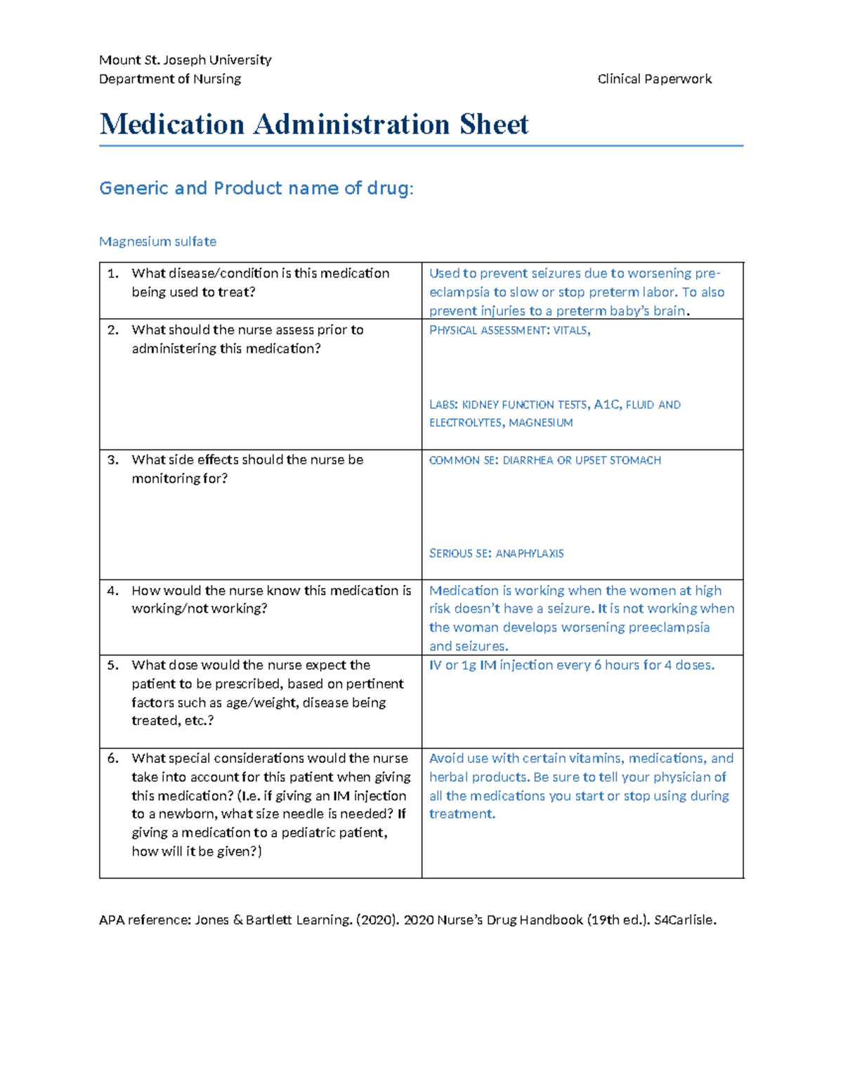 Magnesium sulfate med sheets Mount St. Joseph University Department of Nursing Clinical