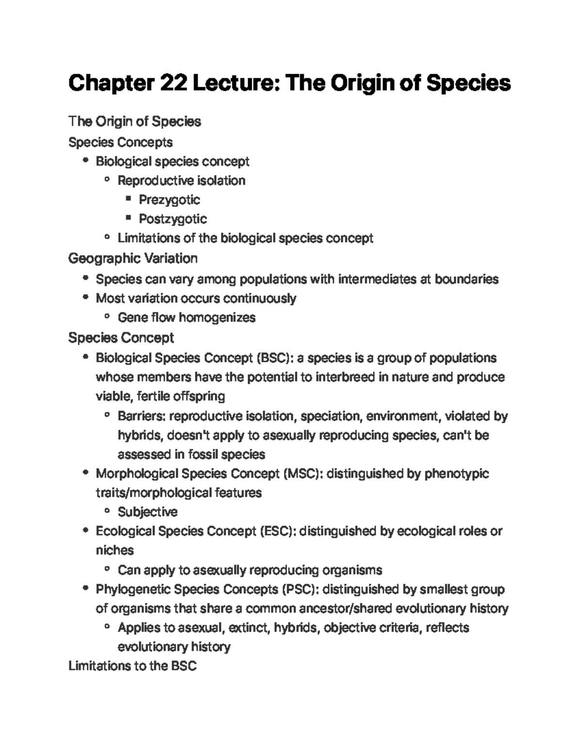 Chapter 22 Lecture The Origin Of Species - C H A P Te R 2 2 Le C T U Re ...