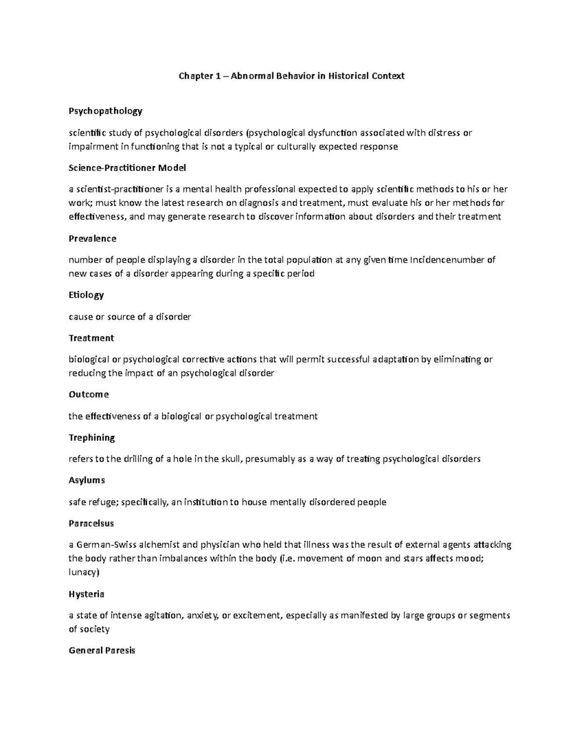 Abnormal Psych Notes - Chapter 1 – Abnormal Behavior in Historical ...