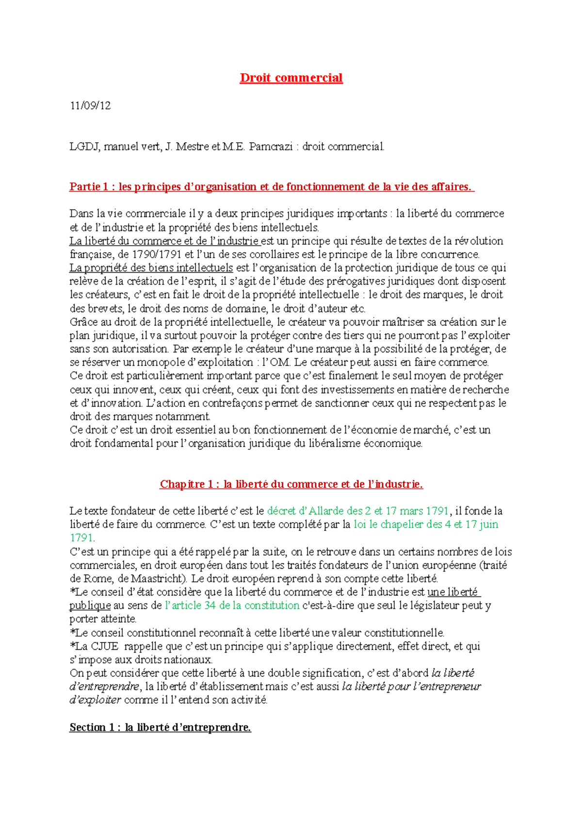 Droit Commercial - Notes De Cours 1 - Droit Commercial 11/09/12 LGDJ ...