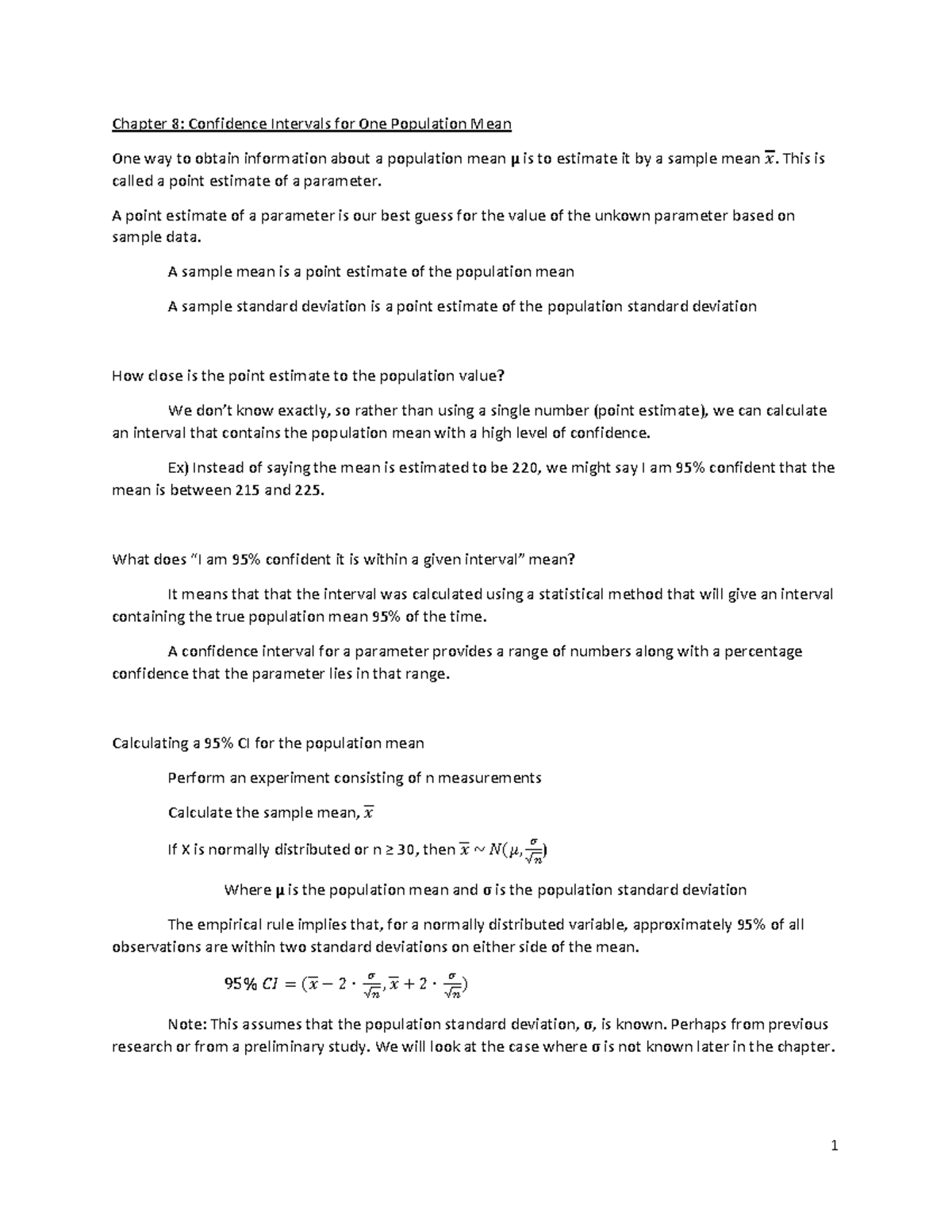 Chapter 8 Notes - Chapter 8: Confidence Intervals for One Population ...