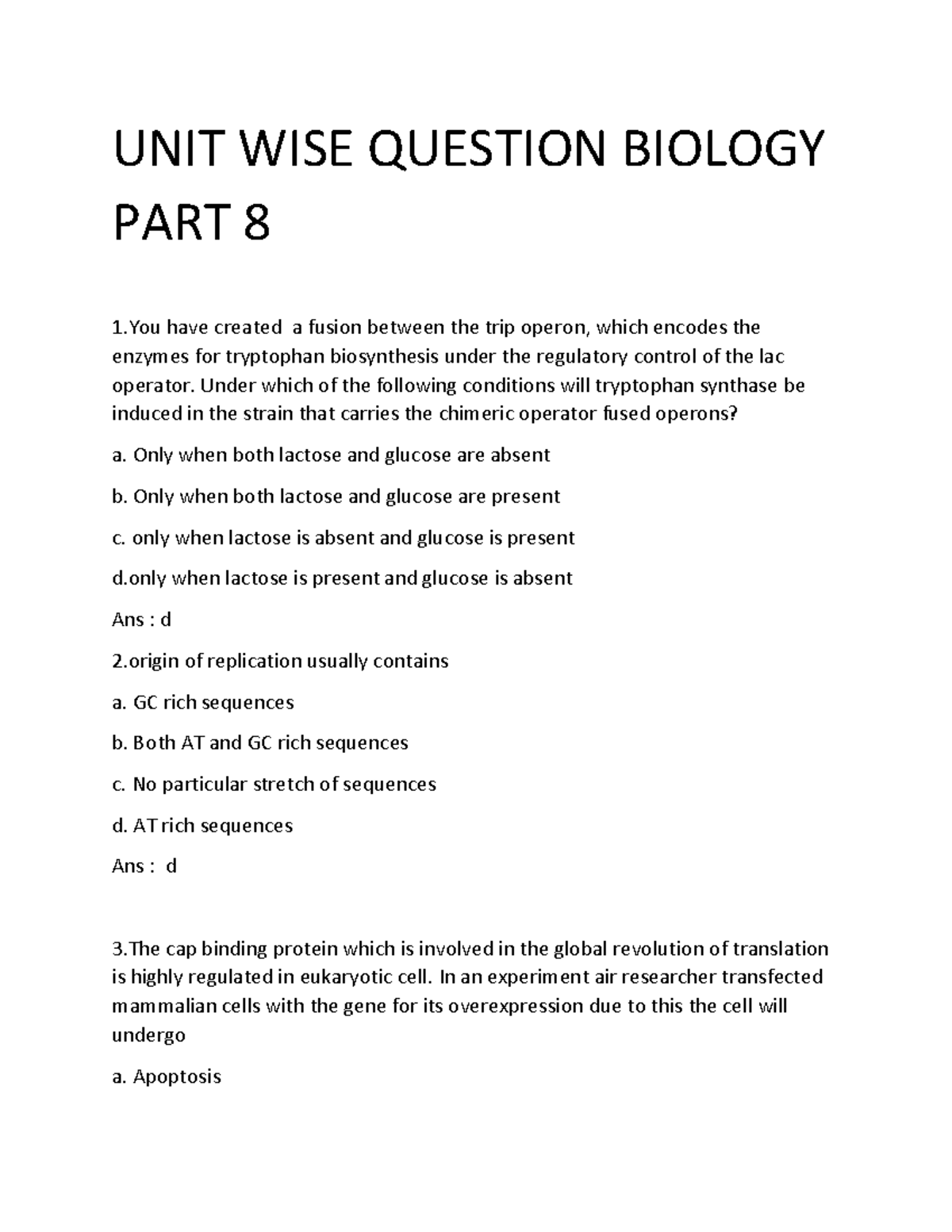 CELL BIOLOGY QUESTION PART 9 UNIT WISE QUESTION BIOLOGY PART 8 1 have