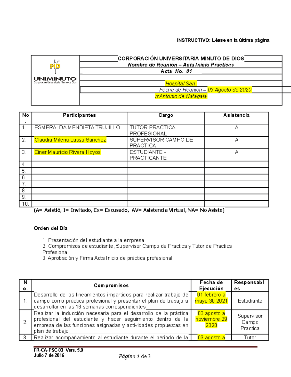Acta de Inicio de Pr Ã¡ctica Profesional 160905 fr-ca-psc-03 acta de ...