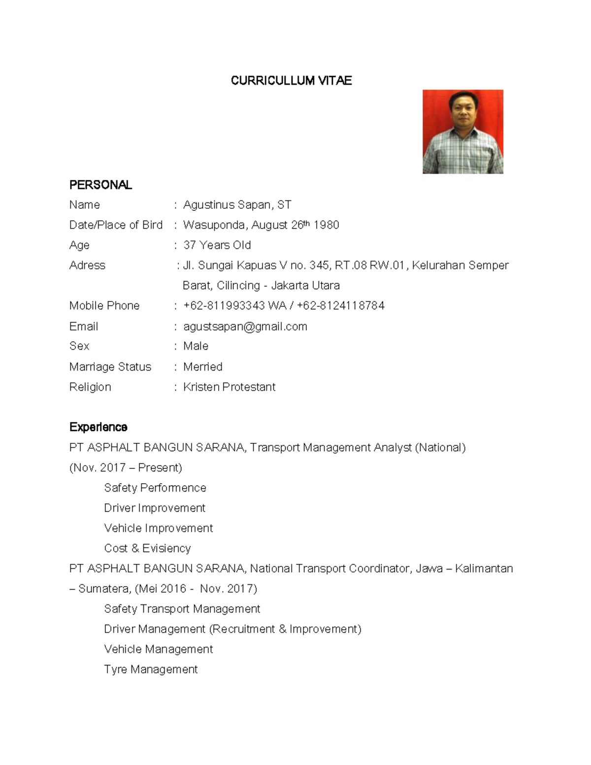 Safety Transport Management Driver Manag - CURRICULLUM VITAE PERSONAL ...