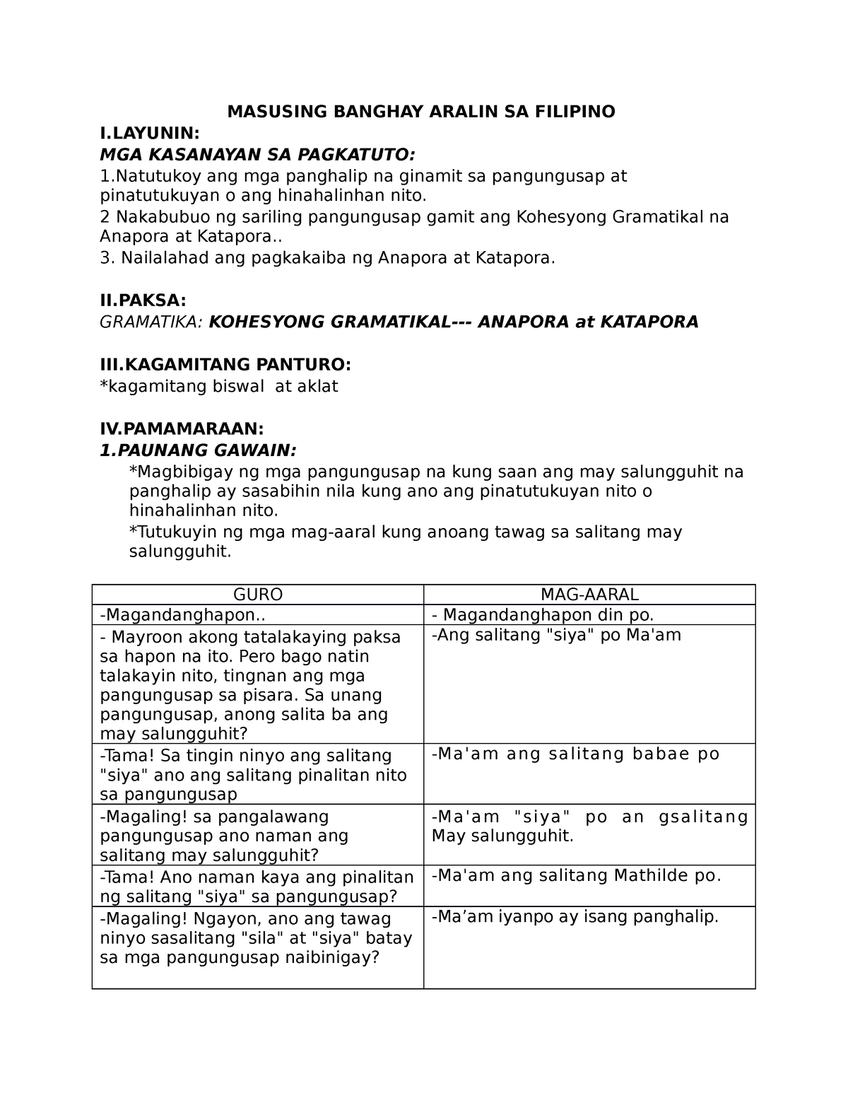 Masusing Banghay - MASUSING BANGHAY ARALIN SA FILIPINO I: MGA KASANAYAN ...