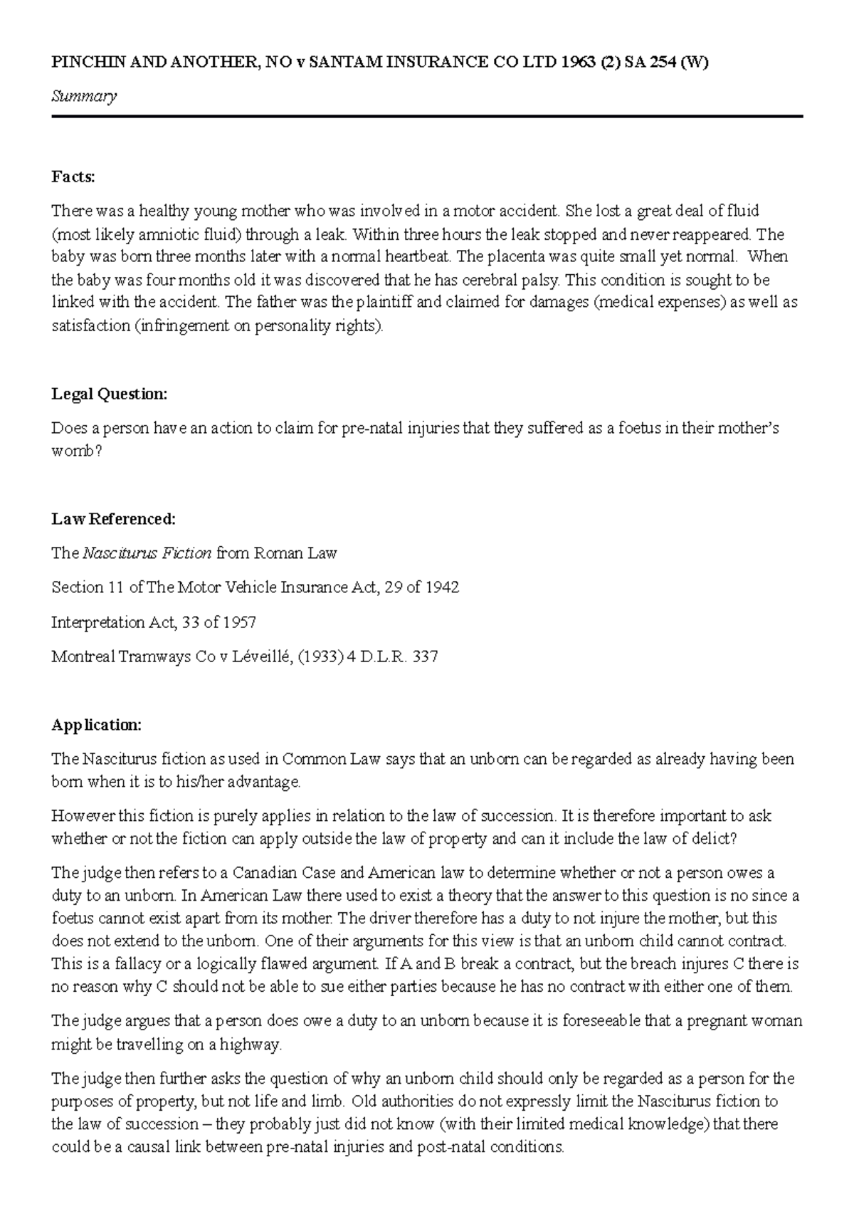 Summary - Pinchin v Santam Insurance Co Ltd - PINCHIN AND ANOTHER, NO v ...