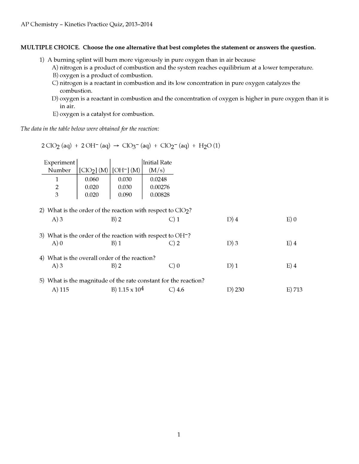 AP Quiz Kinetics Practice Spring 2014 - AP Chemistry - Kinetics ...