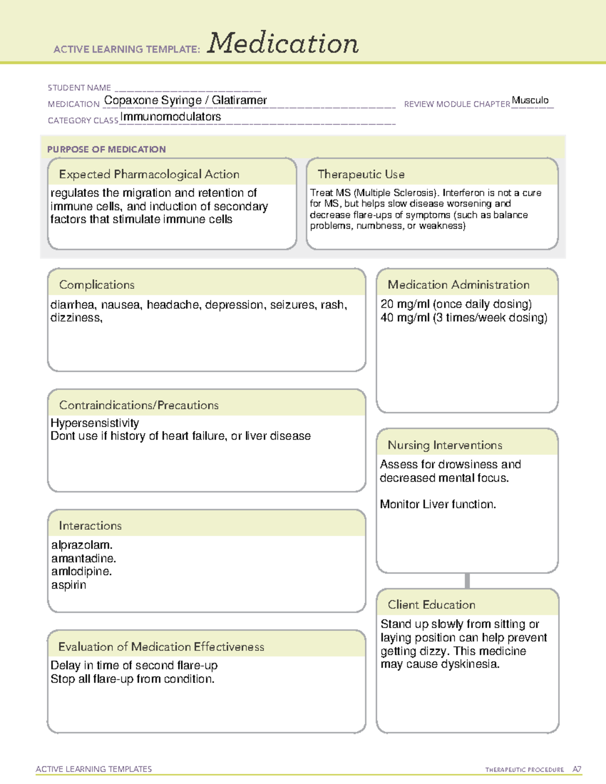 Copaxone Med card - ACTIVE LEARNING TEMPLATES TherapeuTic procedure A ...