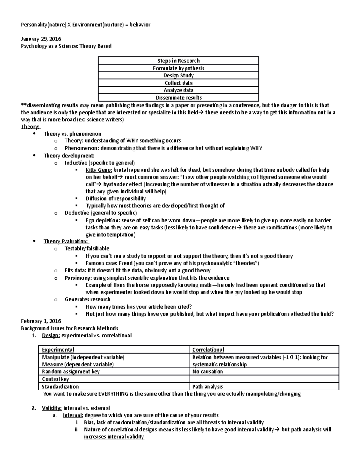 Exam1 Compiled Notes - Personality(nature) X Environment(nurture ...