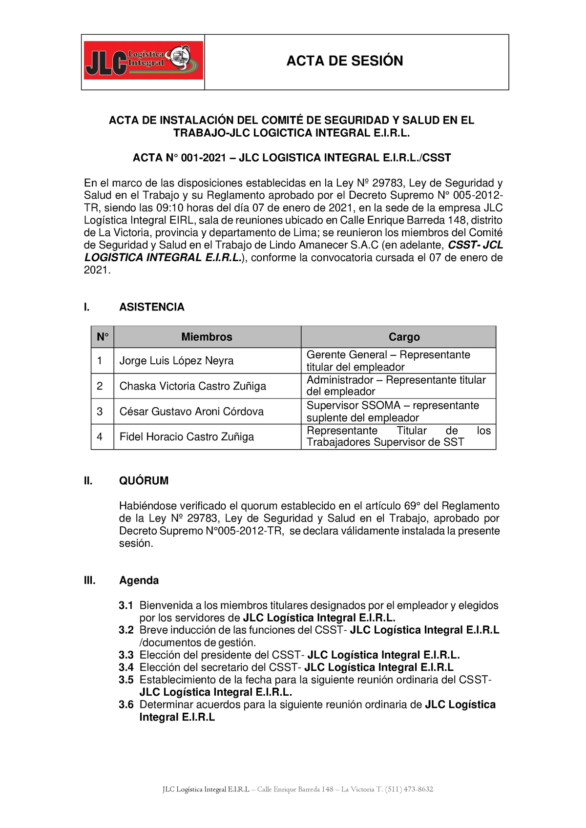 Acta Instalacion Csst Jlc Acta De InstalaciÓn Del ComitÉ De Seguridad