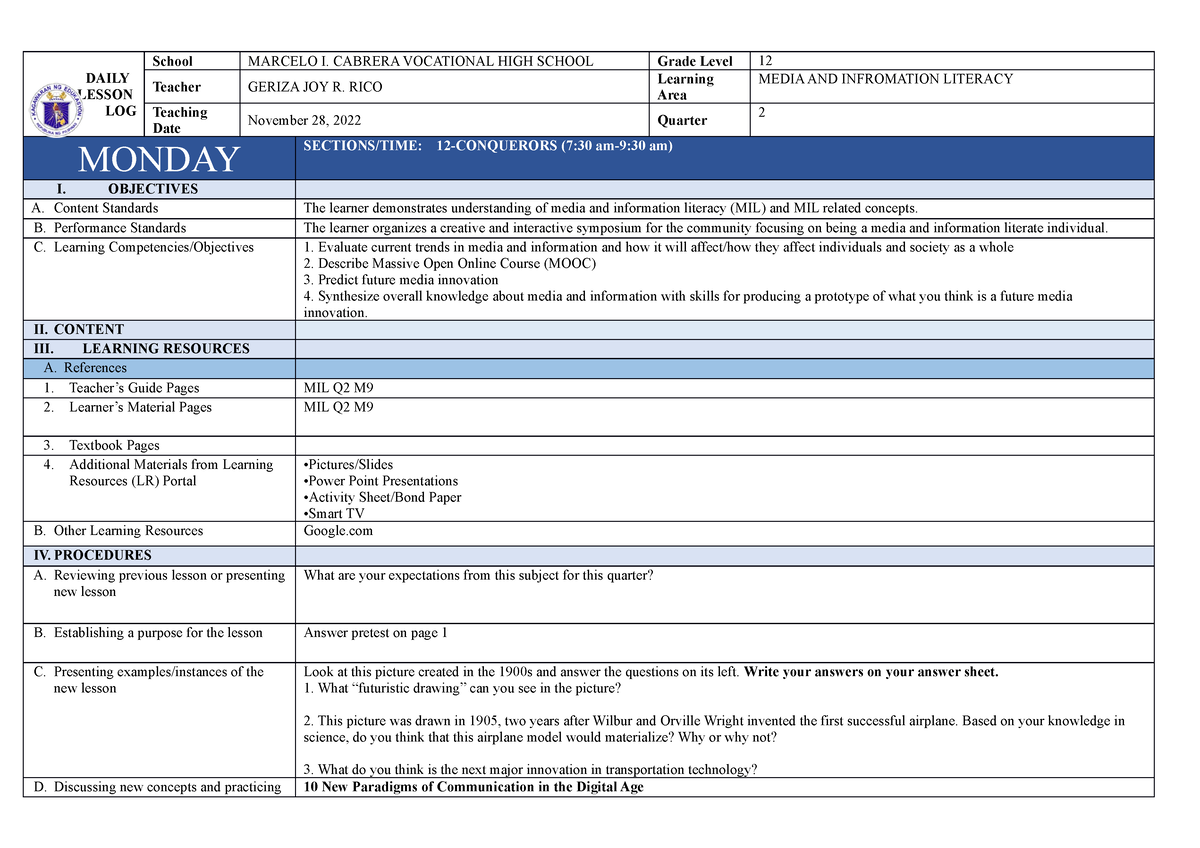 ~$L MIL Q2 M10 - Lesson Plan - DAILY LESSON LOG School MARCELO I ...