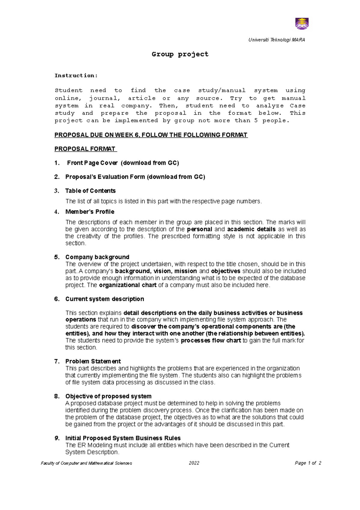 Format proposal - Coursework - Universiti Teknologi MARA Group project ...