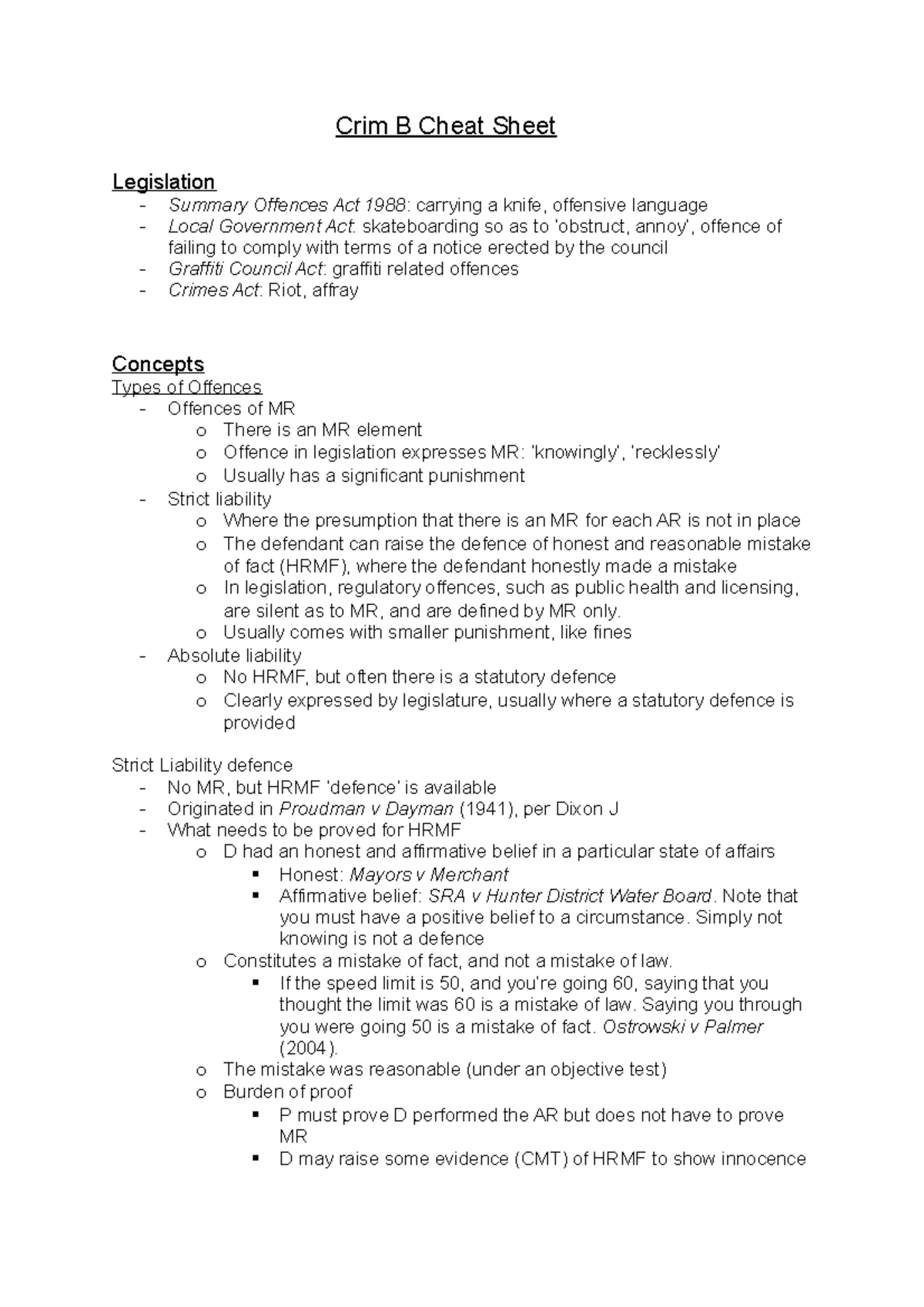 Crim B Cheat Sheet - Criminal Law - Crim B Cheat Sheet Legislation ...