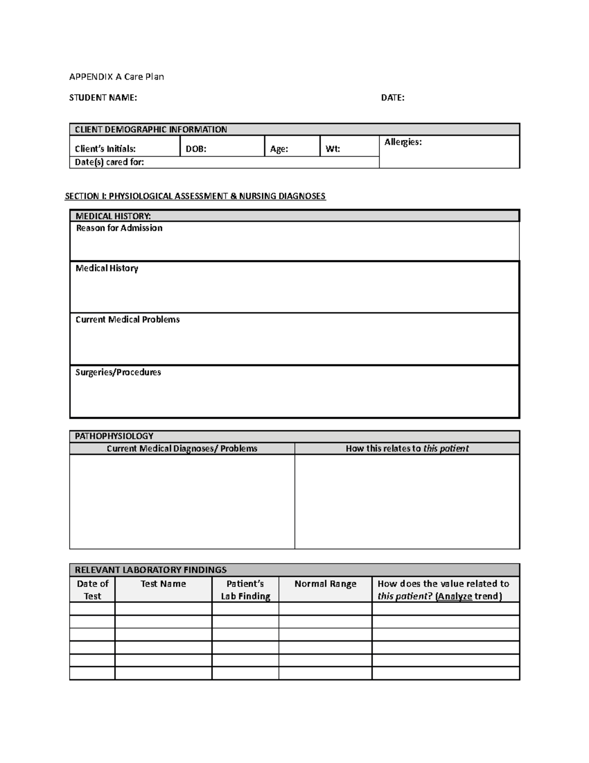 Becker Simulation Paperwork+Fall+2020+Version - APPENDIX A Care Plan ...