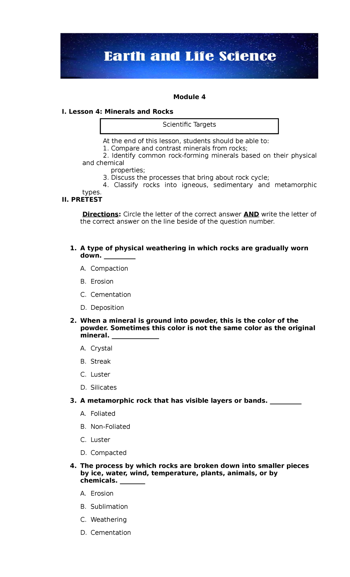 Earth Science Chapter Module 4 - Module 4 I. Lesson 4: Minerals And ...